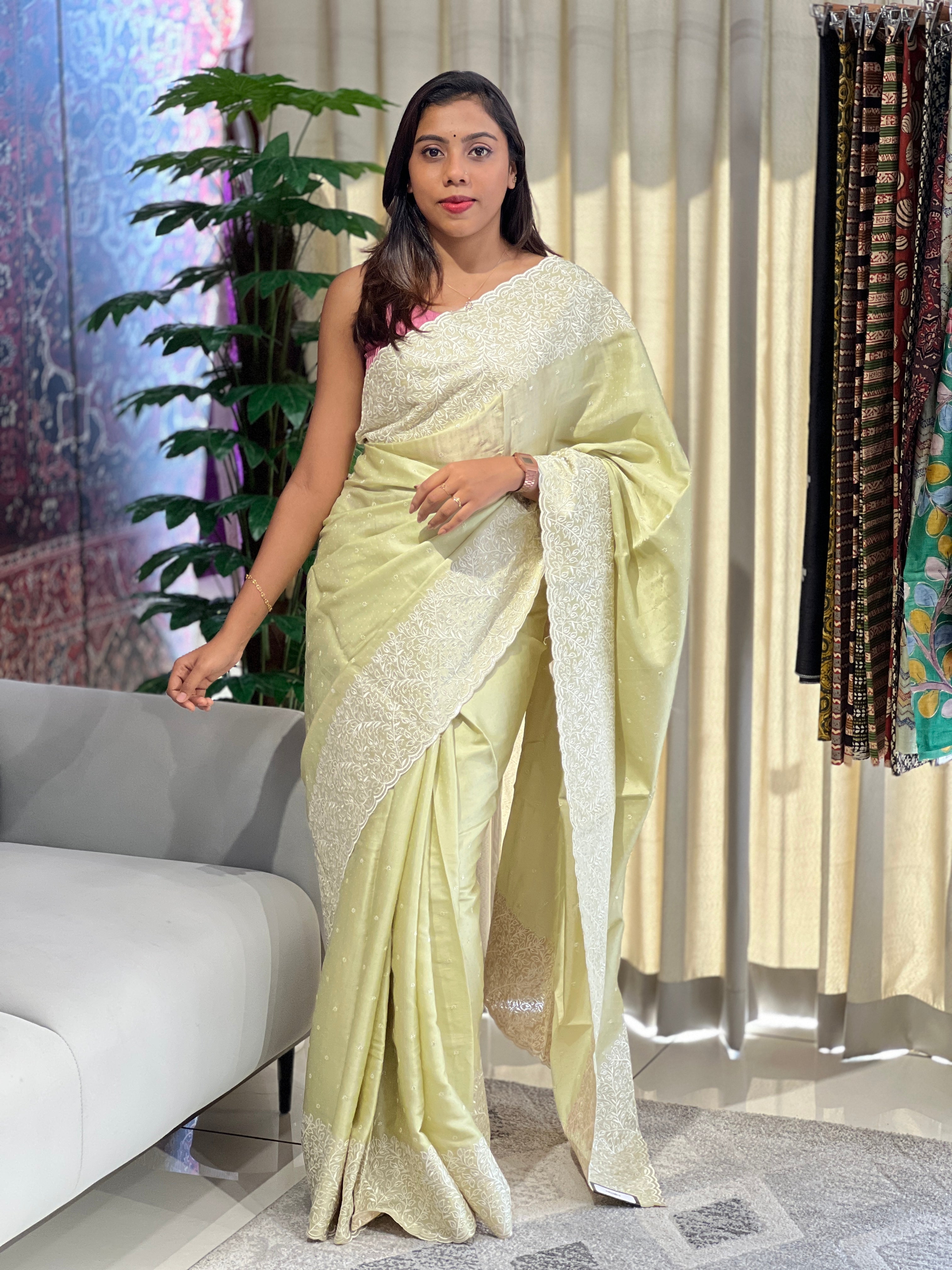 Machine Embroidery Detailed Semi Tussar Saree | SUN544