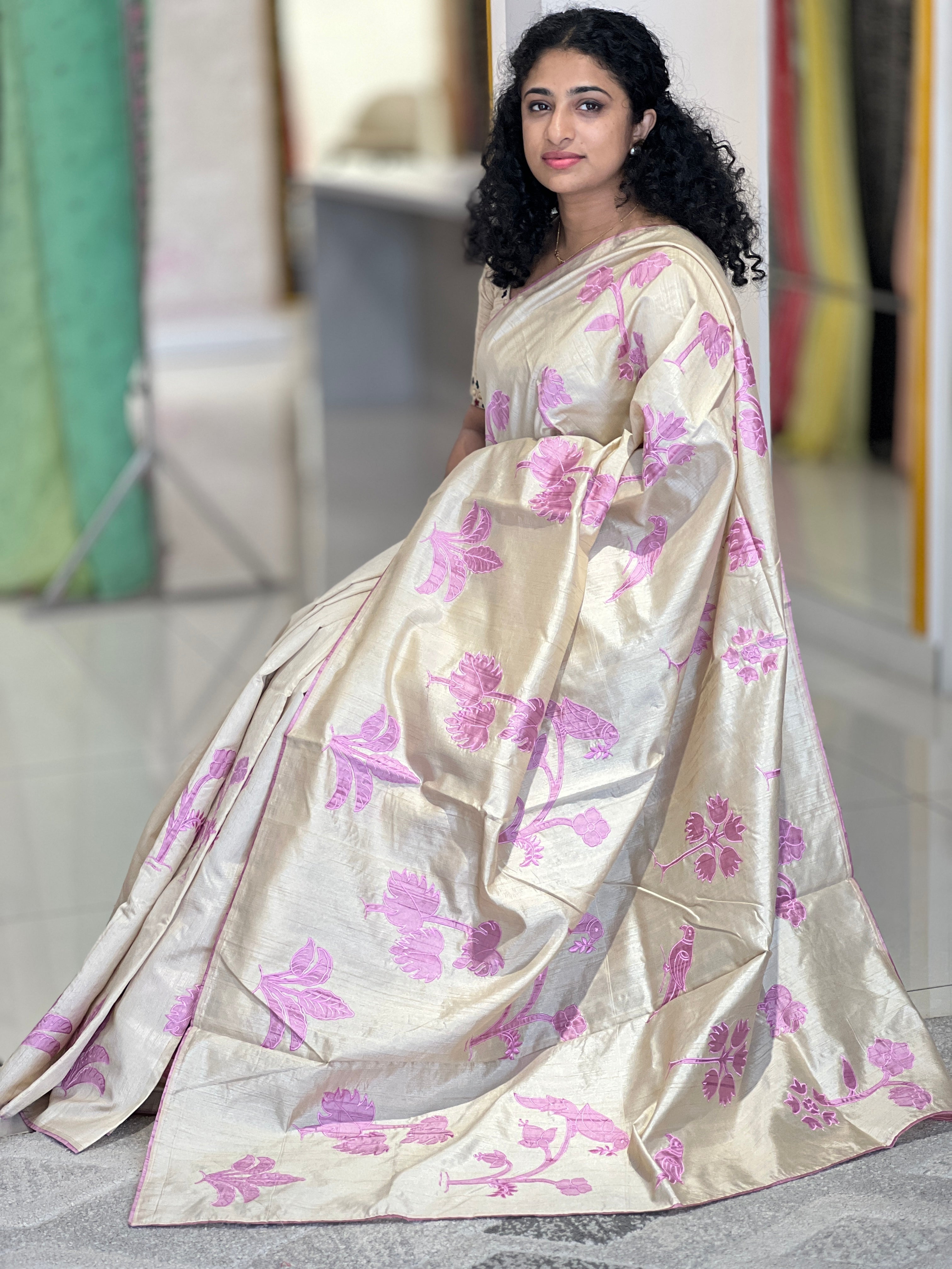 Applique Work Detailed Semi Silk Saree | BLD623