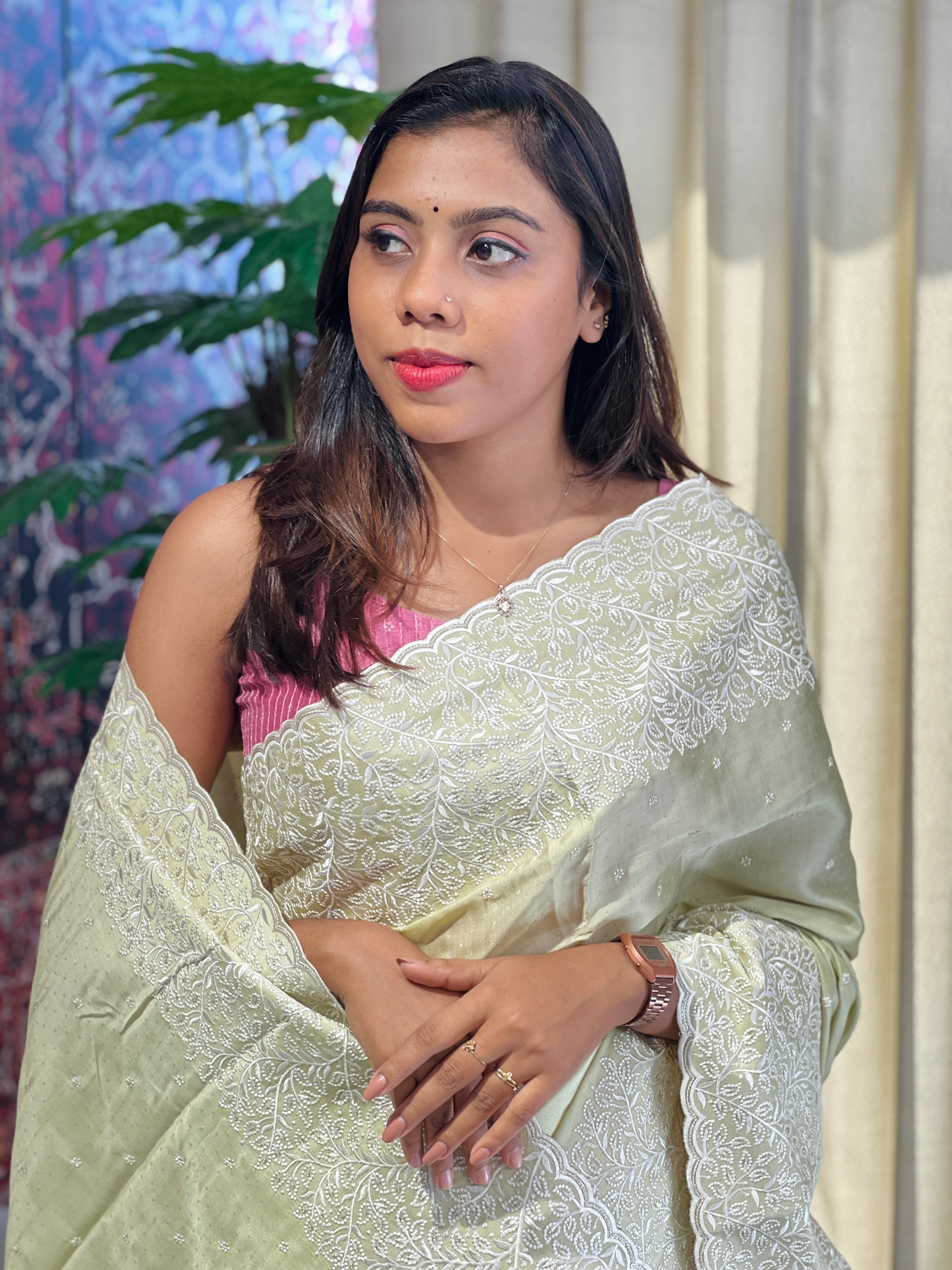 Machine Embroidery Detailed Semi Tussar Saree | SUN544