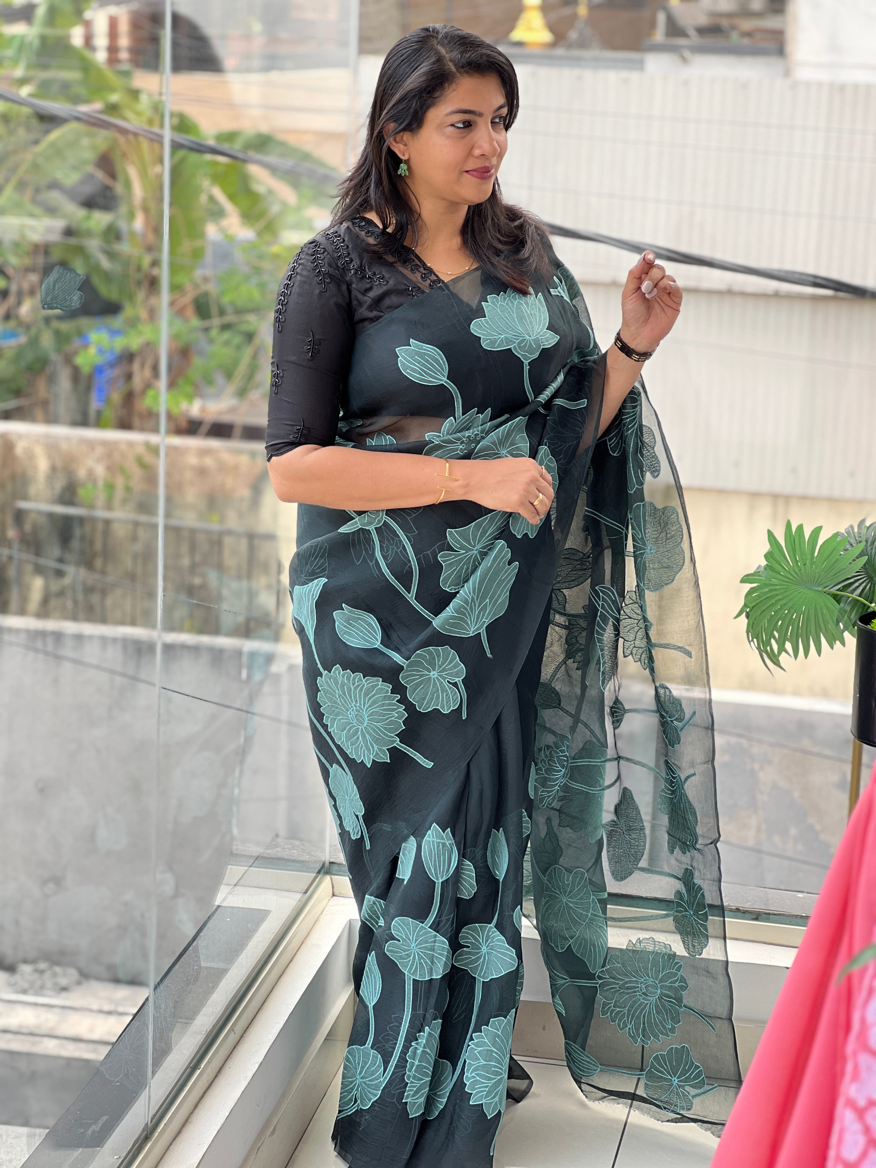 Floral Applique Work Detailed Pure Organza Saree | MM500