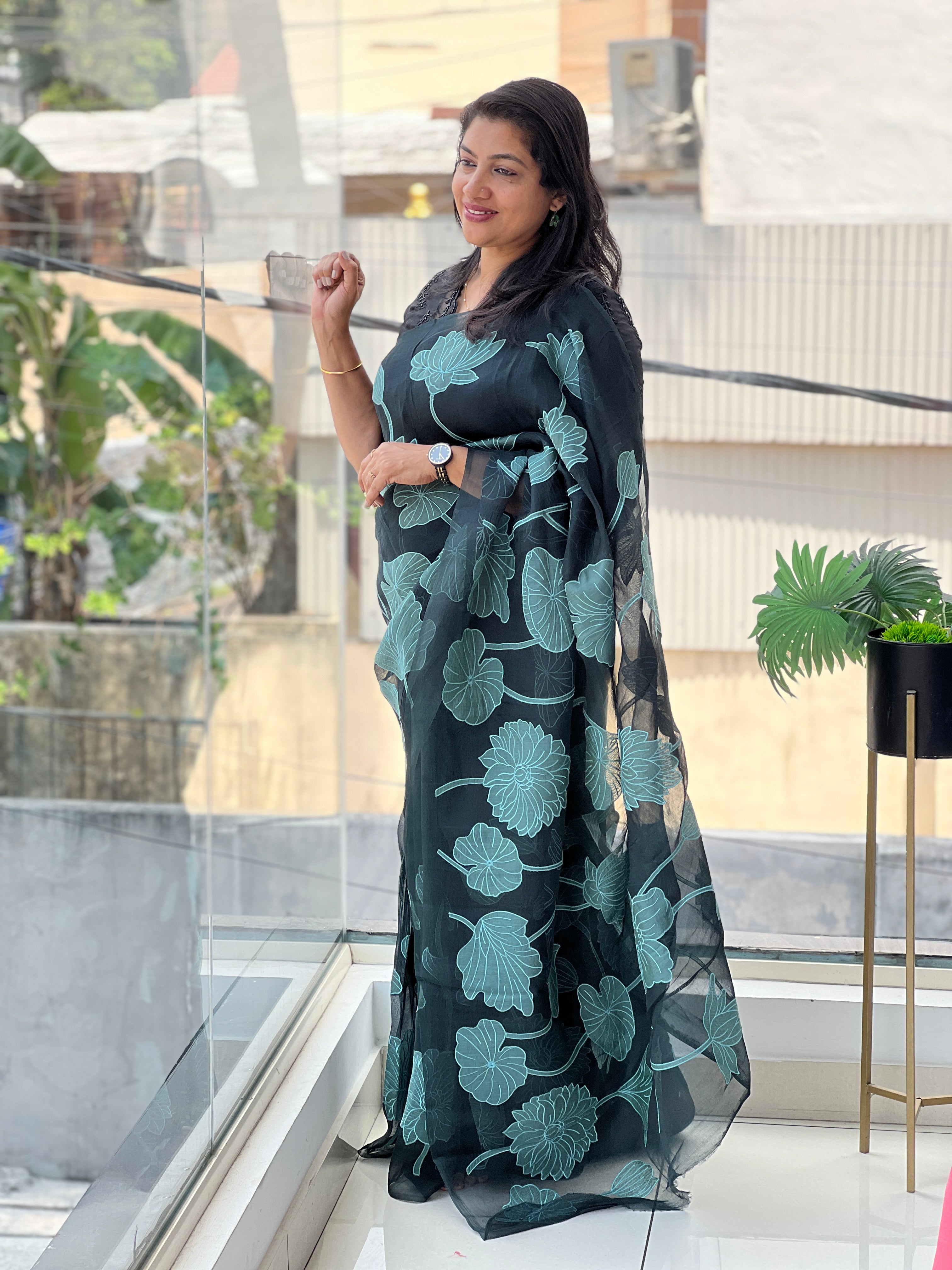 Floral Applique Work Detailed Pure Organza Saree | MM500