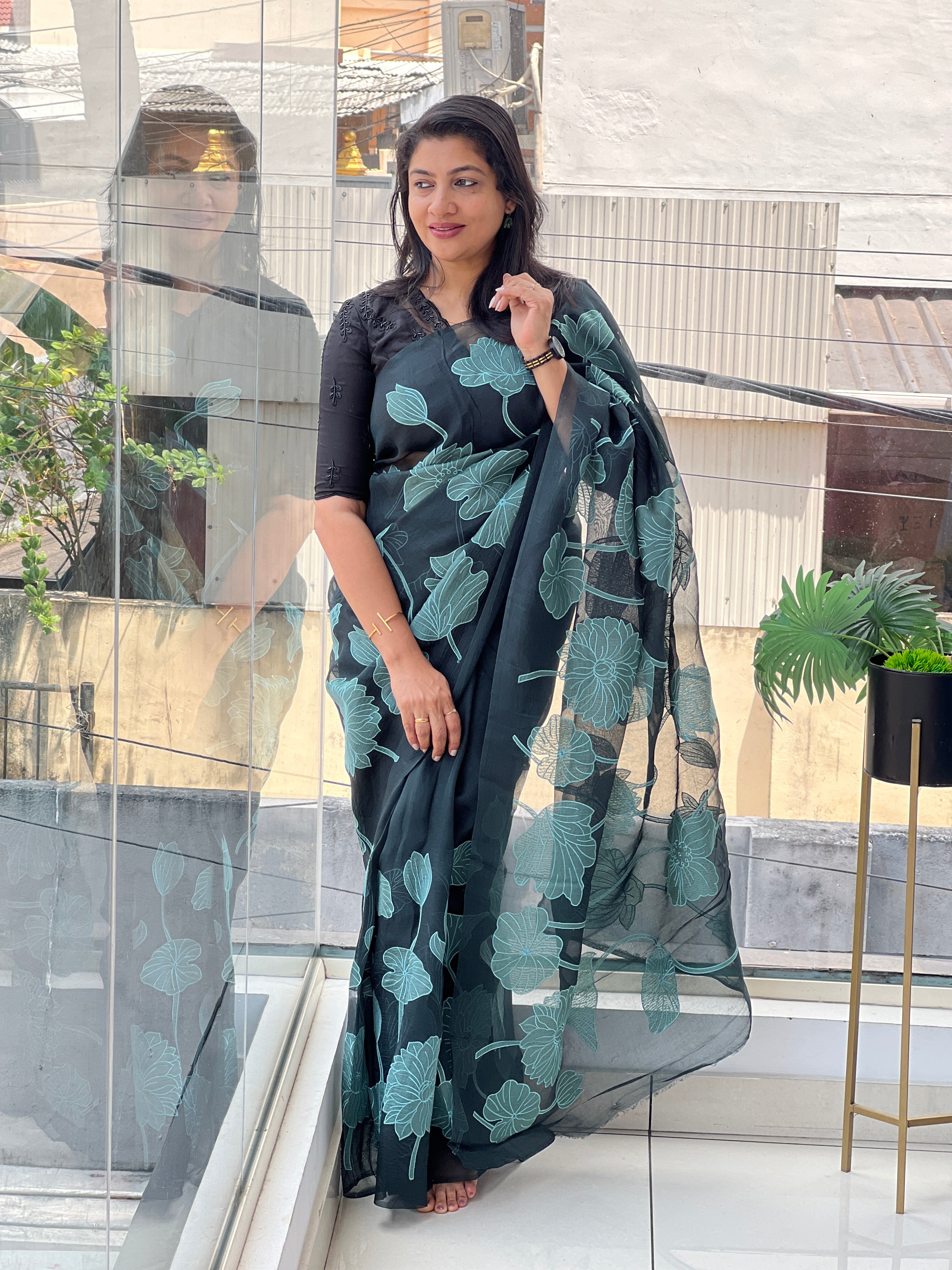 Floral Applique Work Detailed Pure Organza Saree | MM500