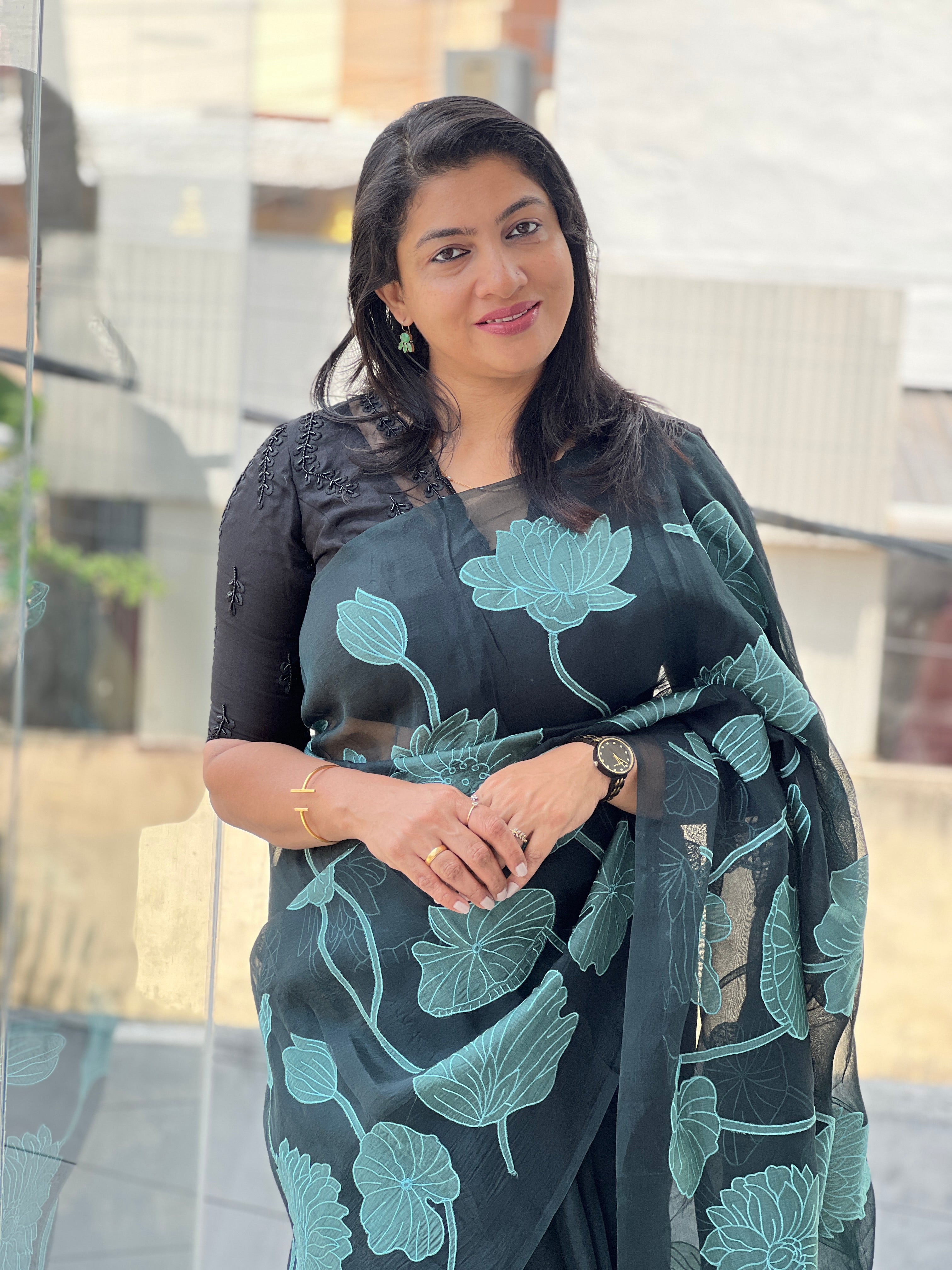 Floral Applique Work Detailed Pure Organza Saree | MM500