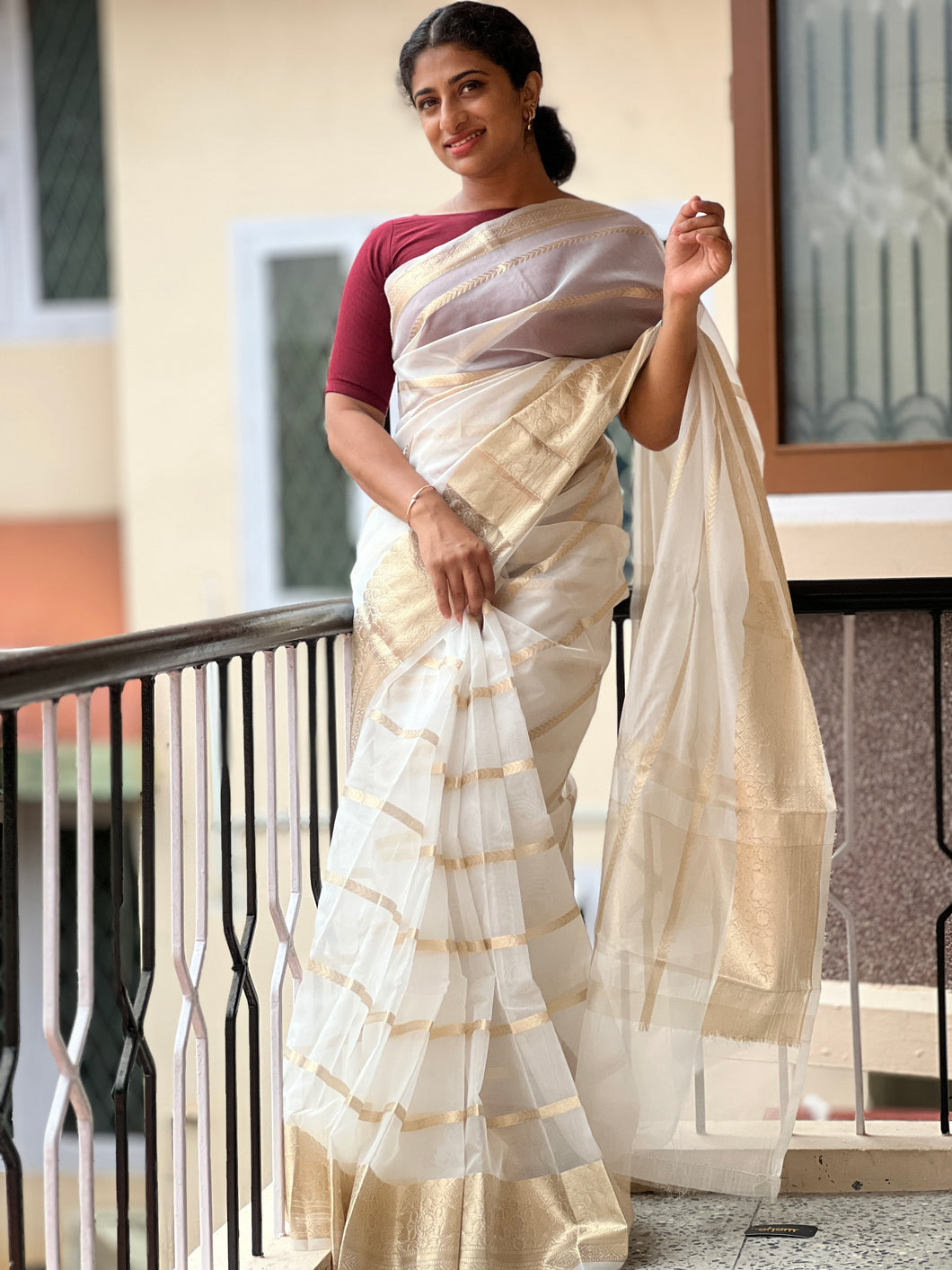 Stripes Pattern Semi Organza Saree | AL144