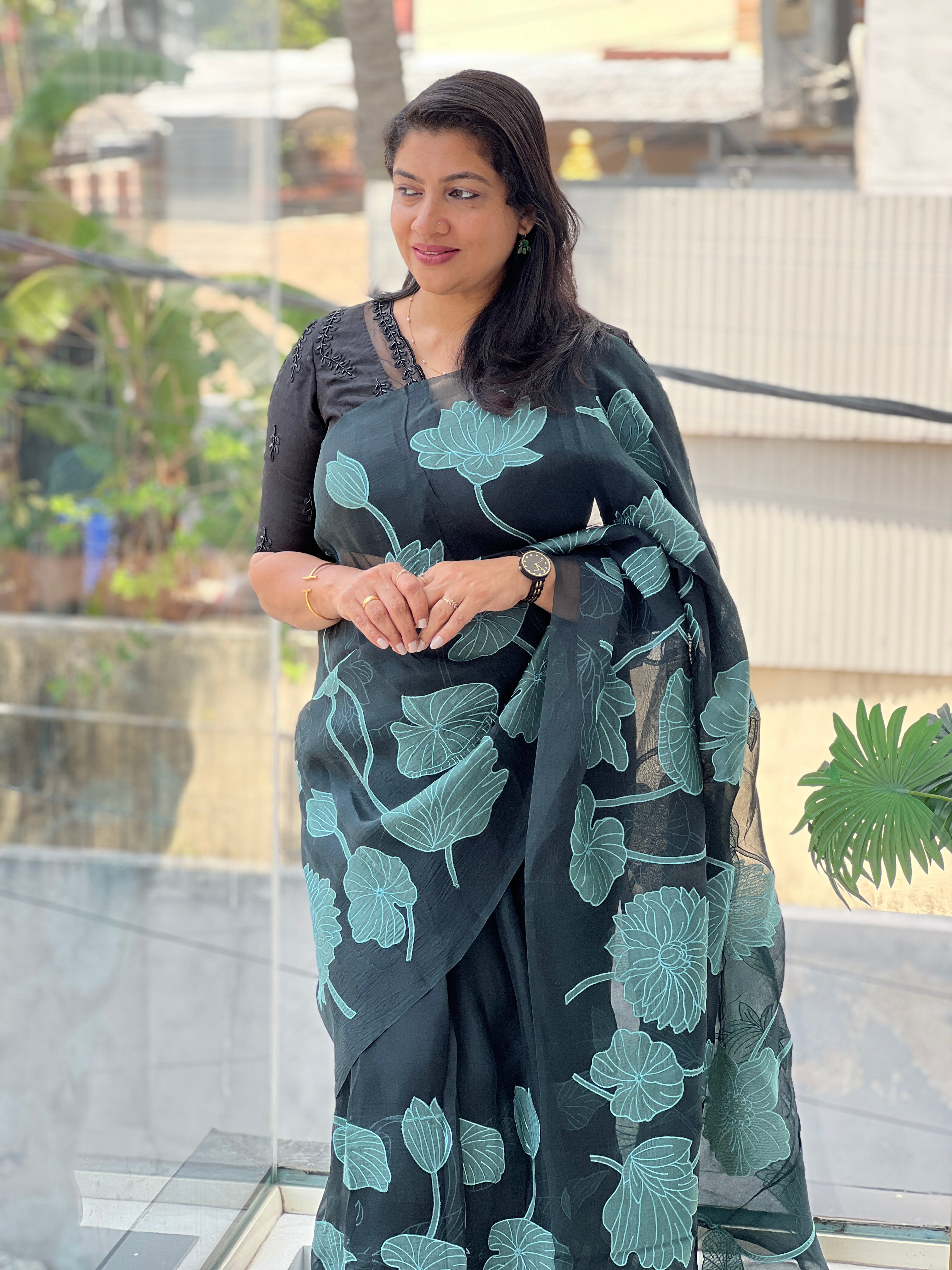 Floral Applique Work Detailed Pure Organza Saree | MM500