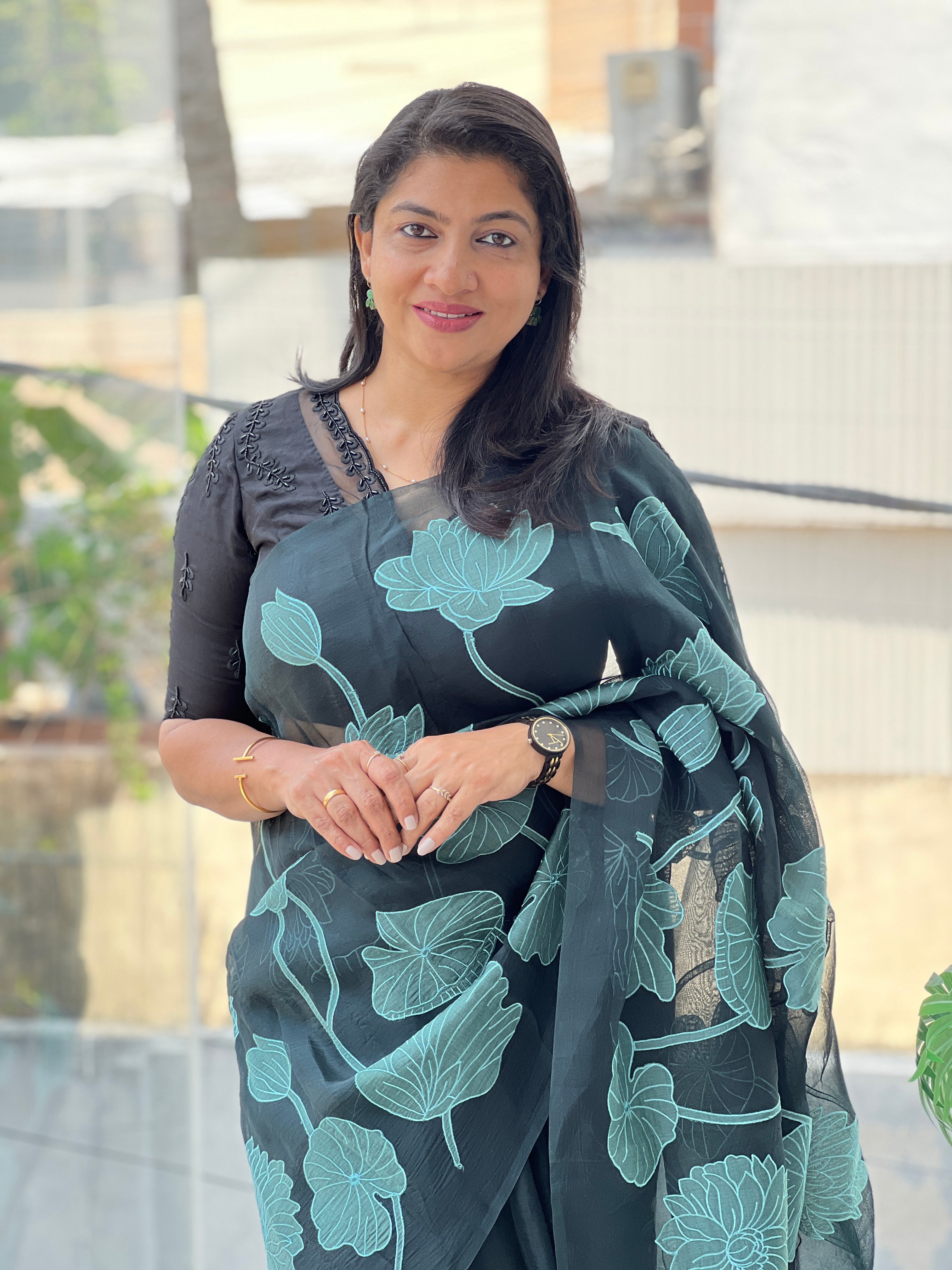 Floral Applique Work Detailed Pure Organza Saree | MM500