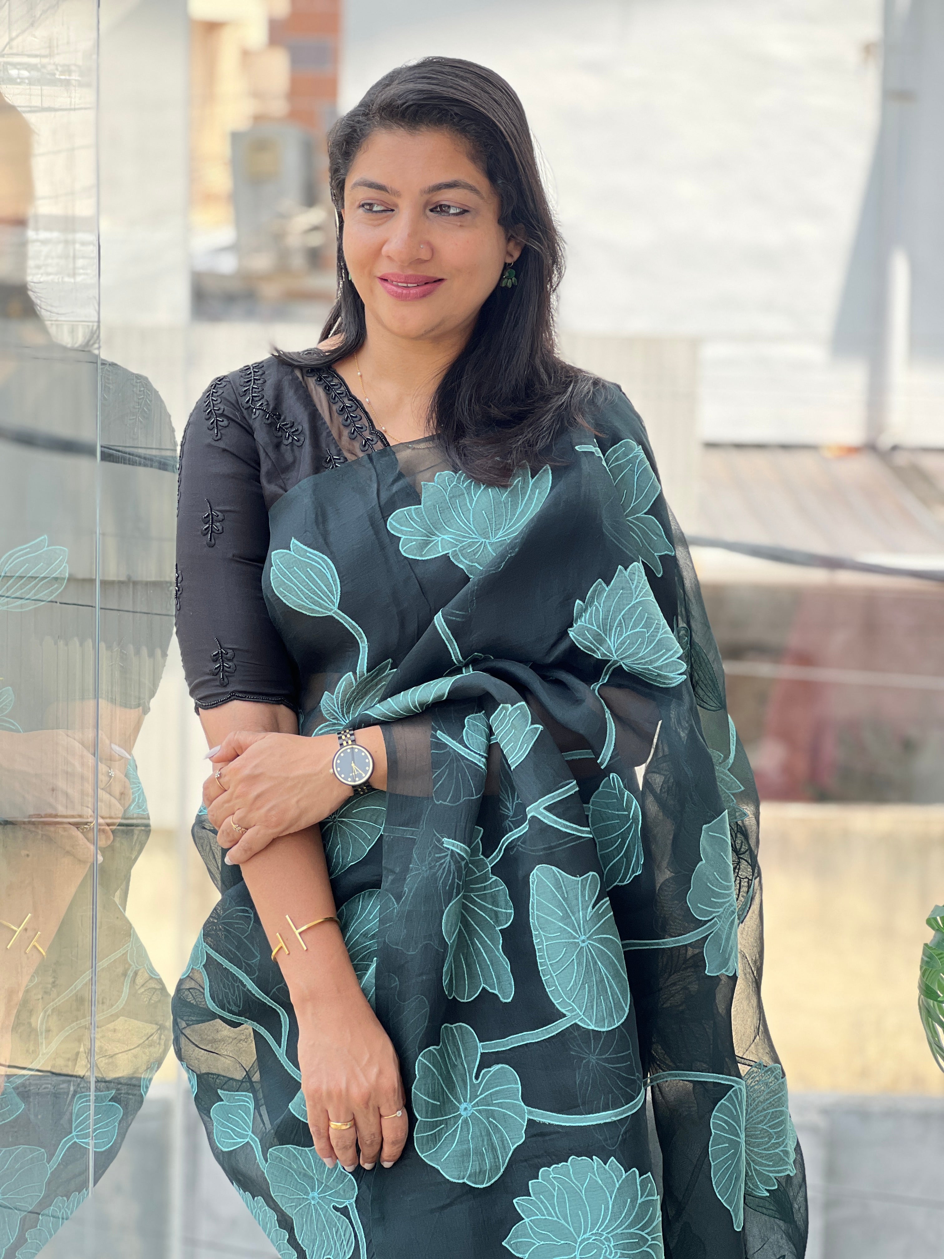 Floral Applique Work Detailed Pure Organza Saree | MM500