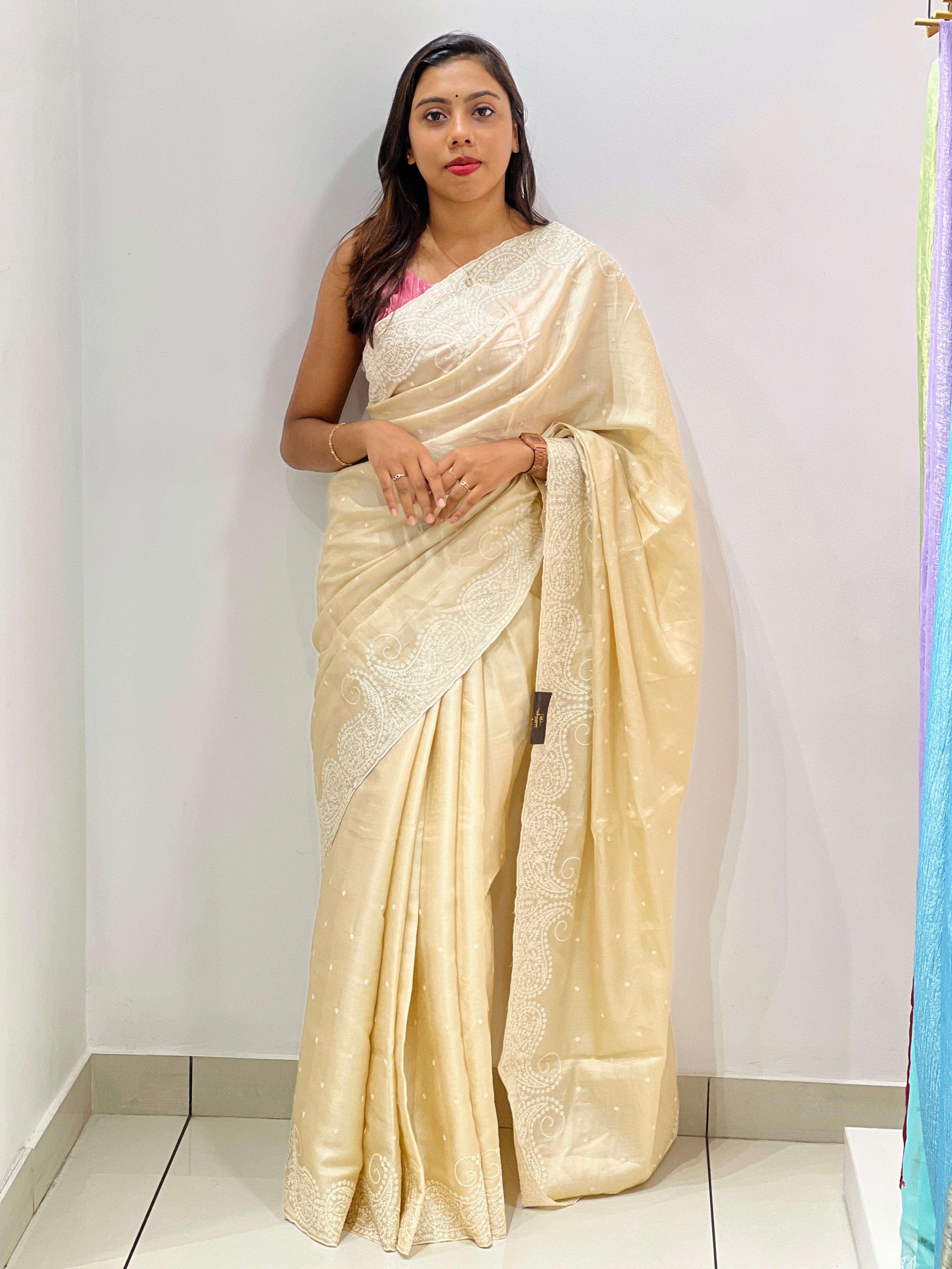 Point Embroidery Detailed Semi Tussar Saree | SUN524