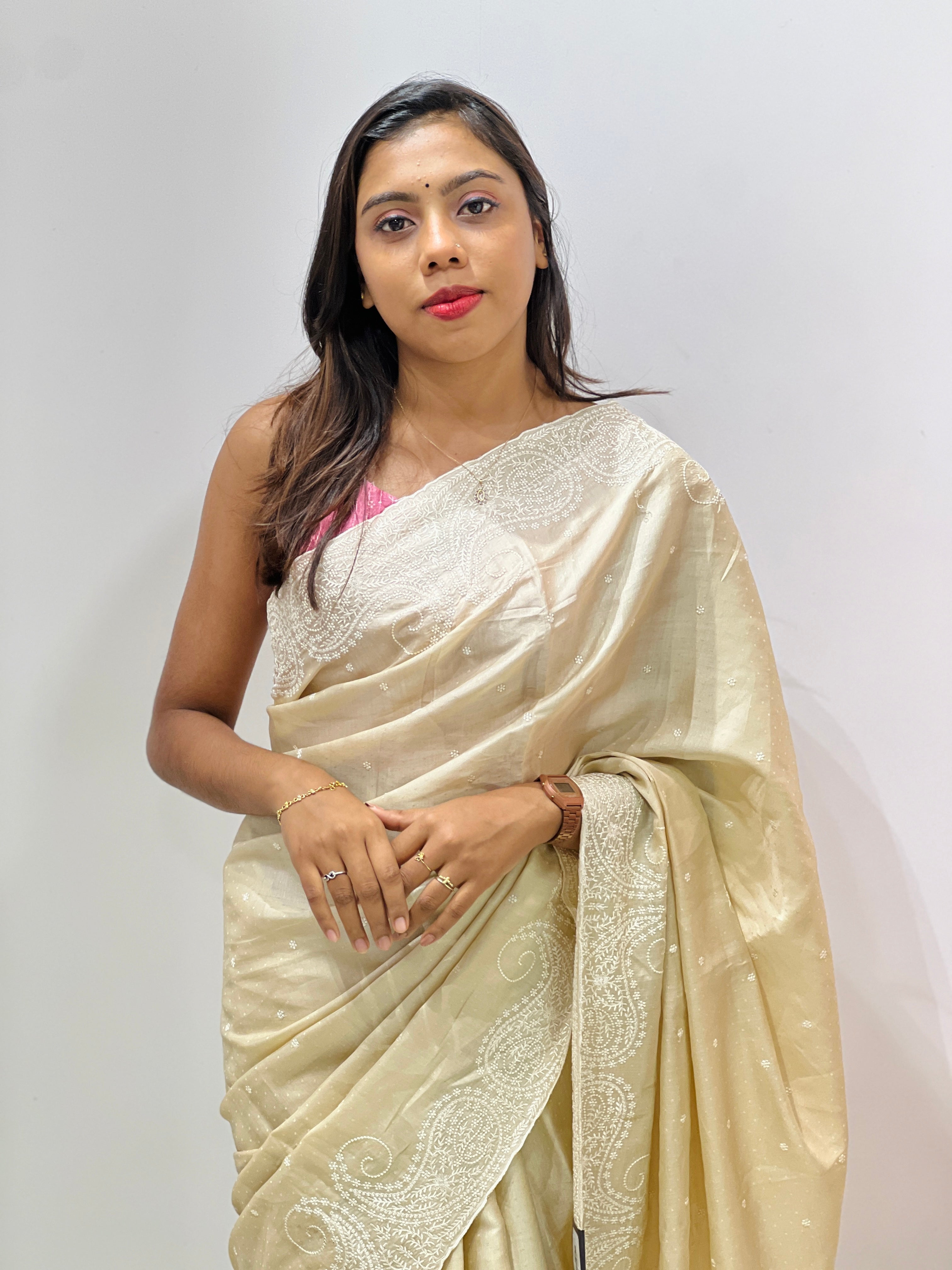 Point Embroidery Detailed Semi Tussar Saree | SUN524
