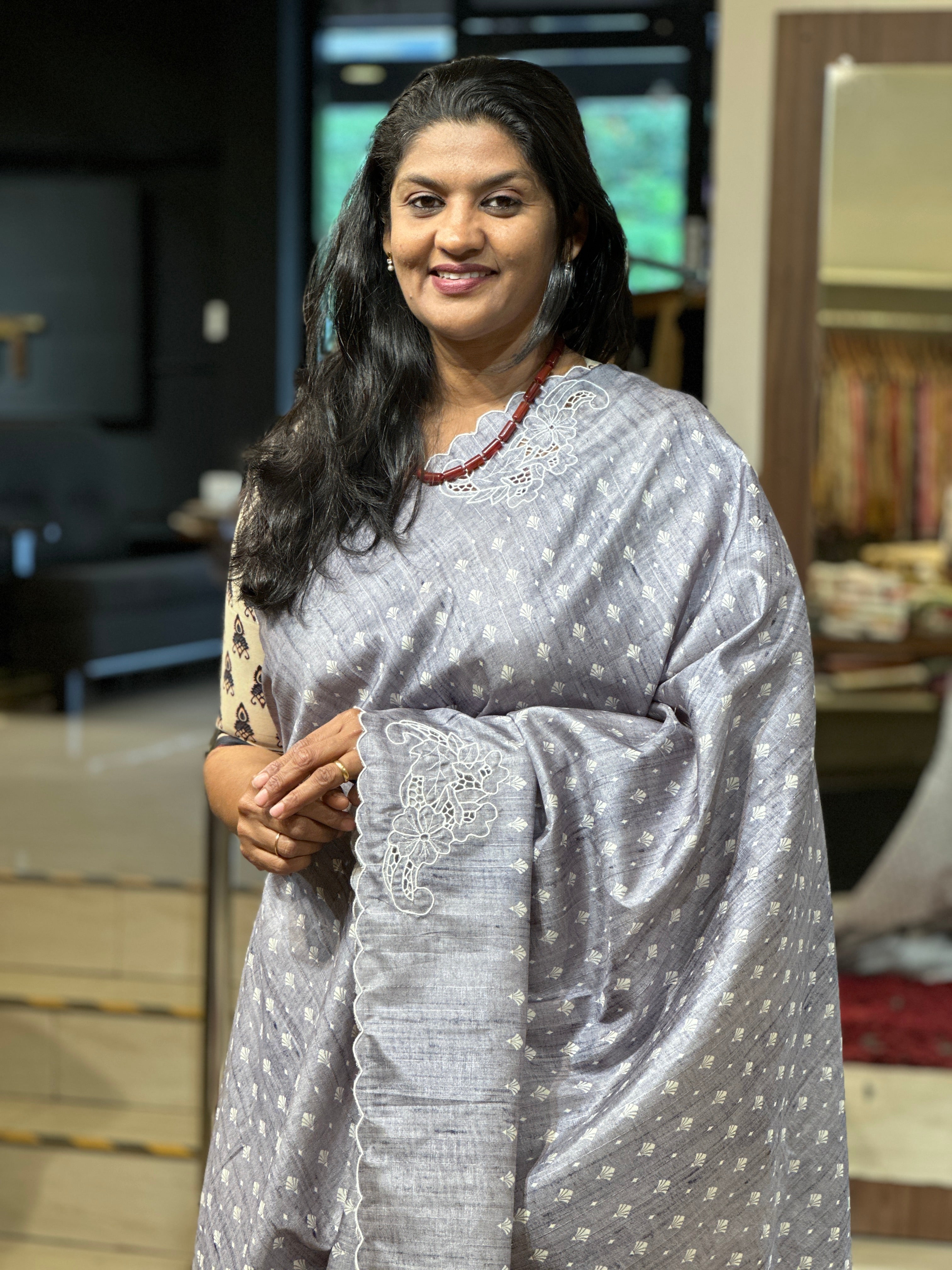 Print With Twine Cut Work Detailed Semi Tussar Saree | TC444