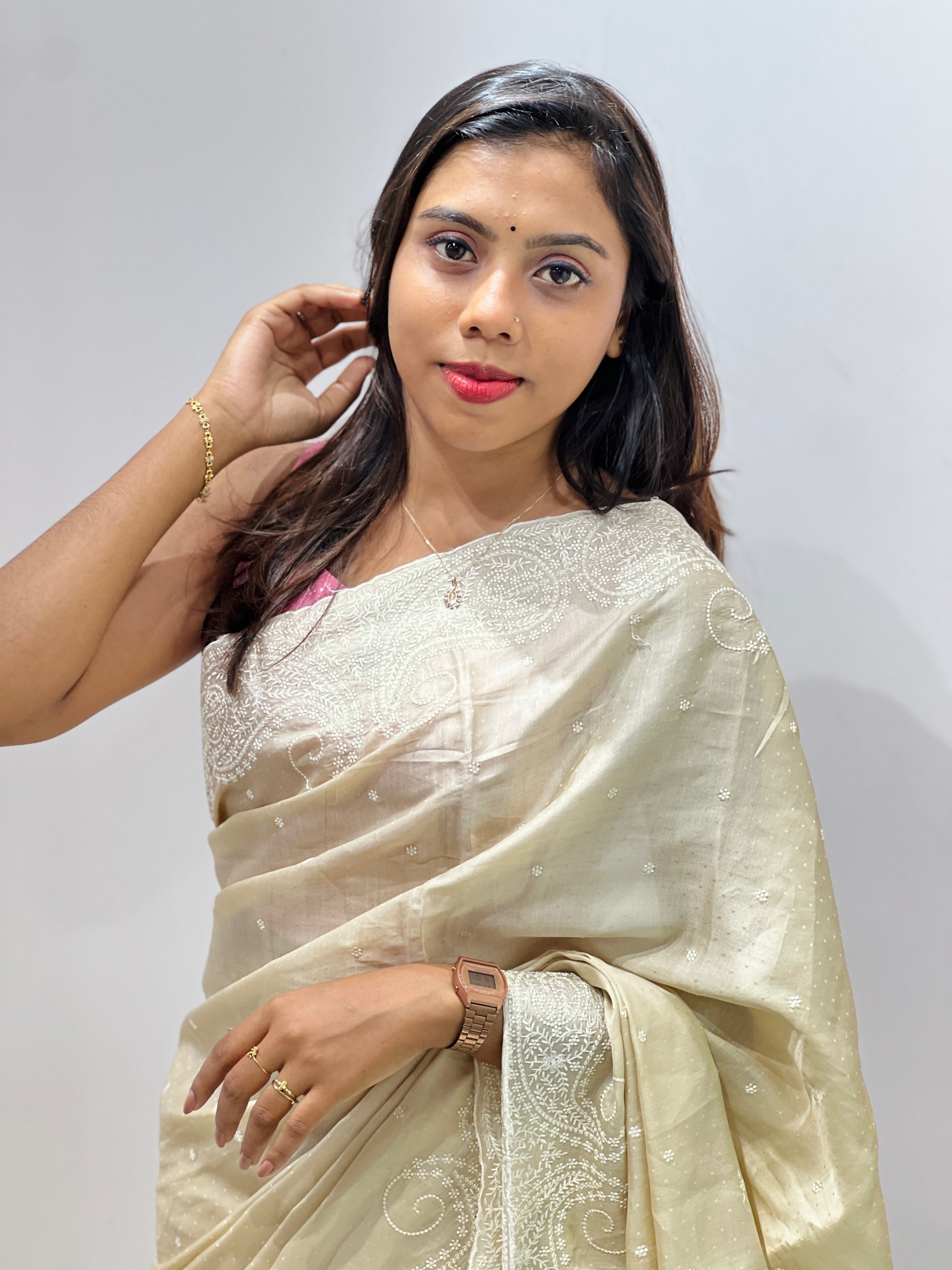 Point Embroidery Detailed Semi Tussar Saree | SUN524
