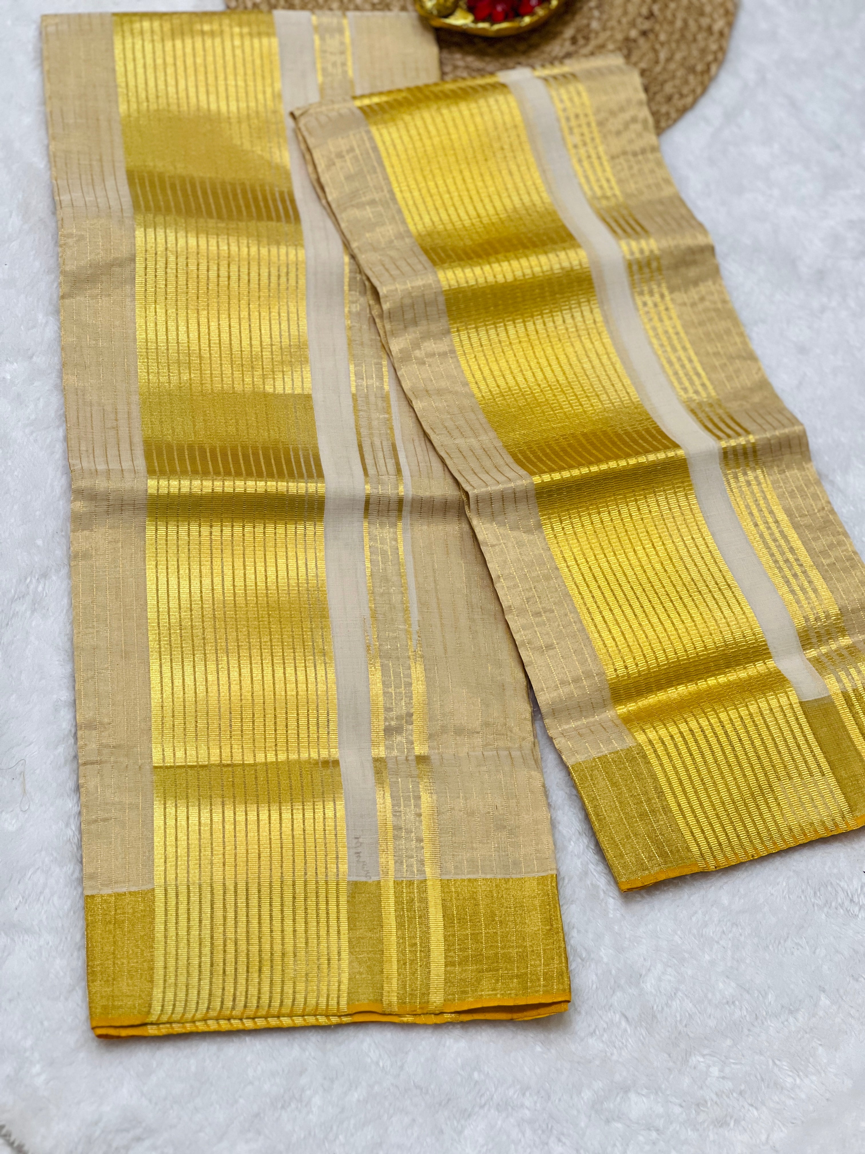 Golden Kasavu With Tissue Weaved Kerala Cotton Set Mundu | KL352
