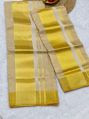 Golden Kasavu With Tissue Weaved Kerala Cotton Set Mundu | KL352