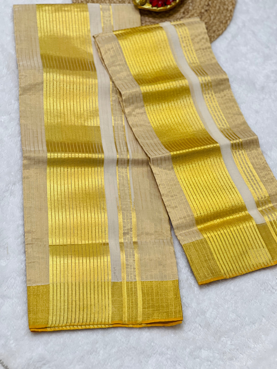 Golden Kasavu With Tissue Weaved Kerala Cotton Set Mundu | KL352