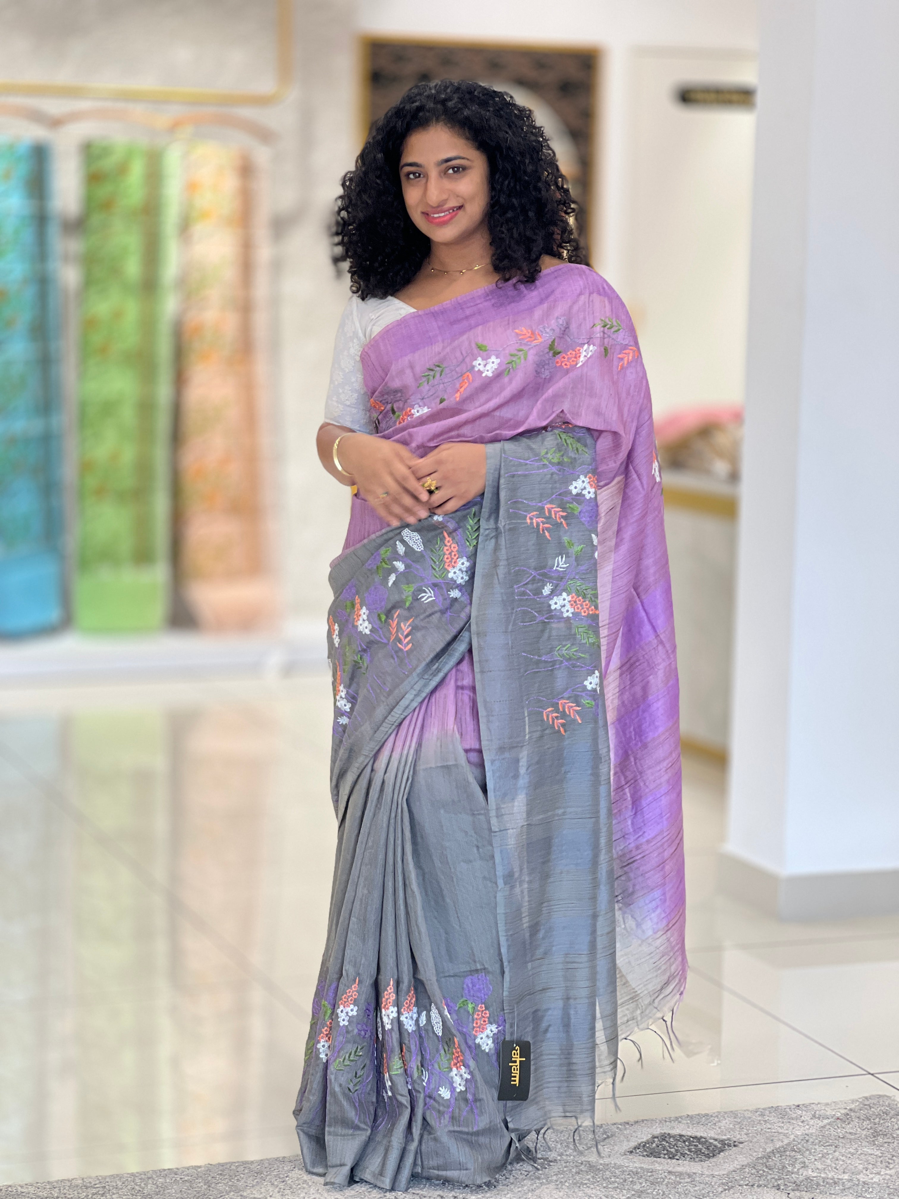 Embroidered Bhagalpuri Linen Saree | NHH264