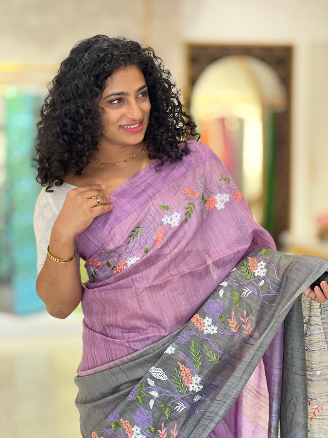 Embroidered Bhagalpuri Linen Saree | NHH264