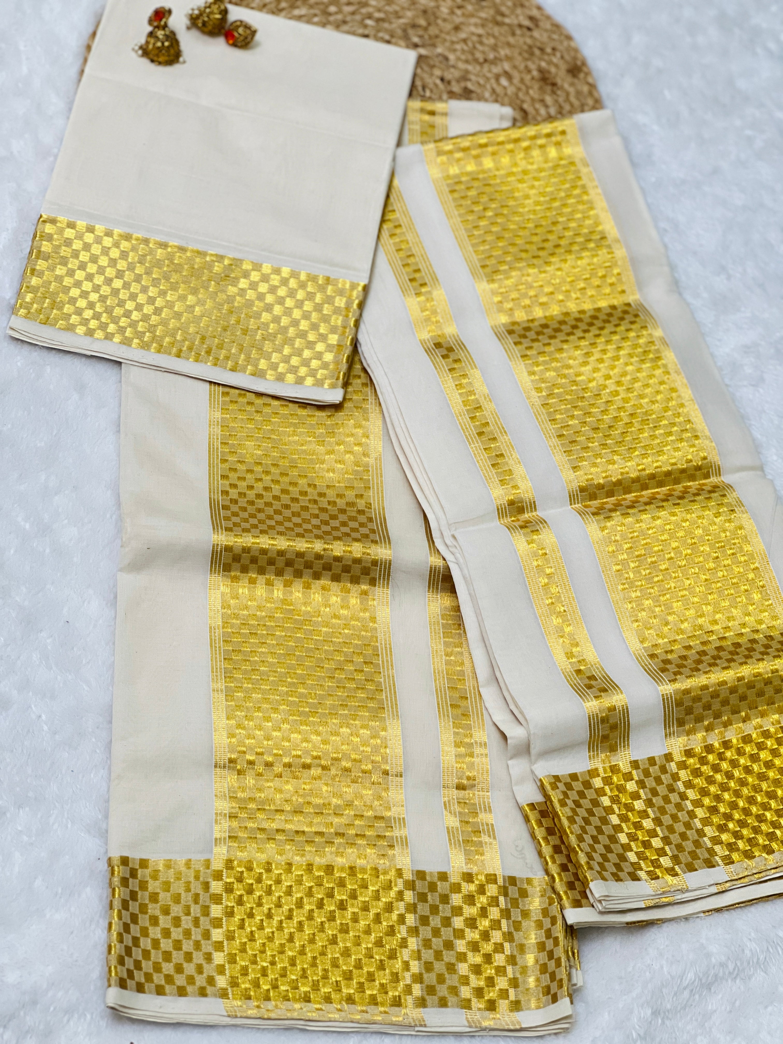 Golden Kasavu Detailed Handloom Kerala Cotton Set Mundu | KL351