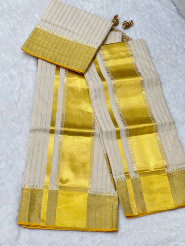 Stripe With Kasavu Detailed Handloom Kerala Cotton Set Mundu | KL354