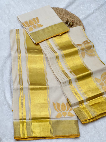 Golden Zari Detailed Lotus Detailed Kerala Cotton Set Mundu | KL355