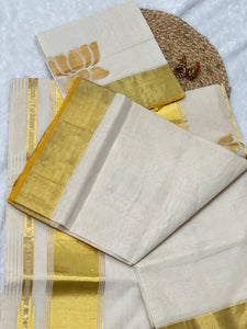 Golden Zari Detailed Lotus Detailed Kerala Cotton Set Mundu | KL355