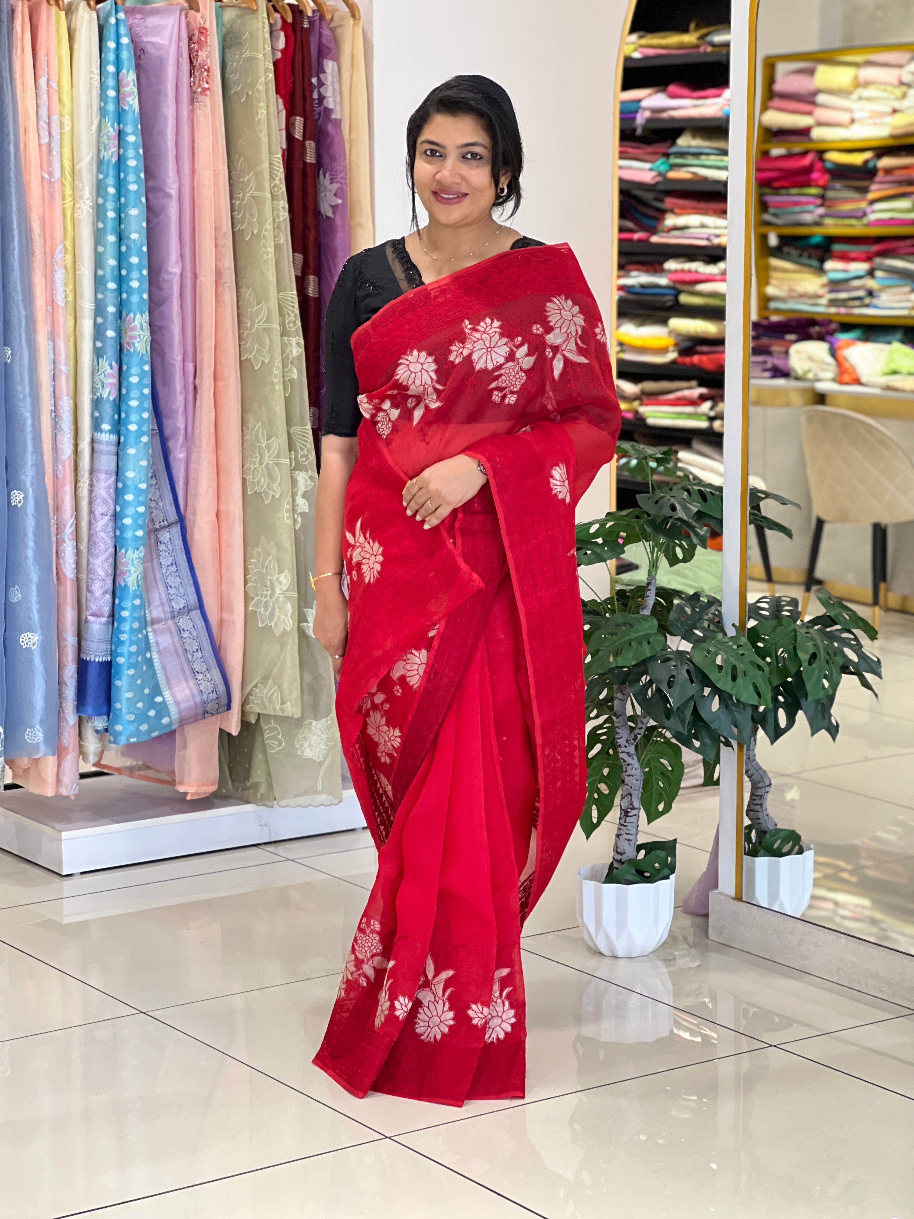 Floral Applique Work Detailed Organza Saree | MM446