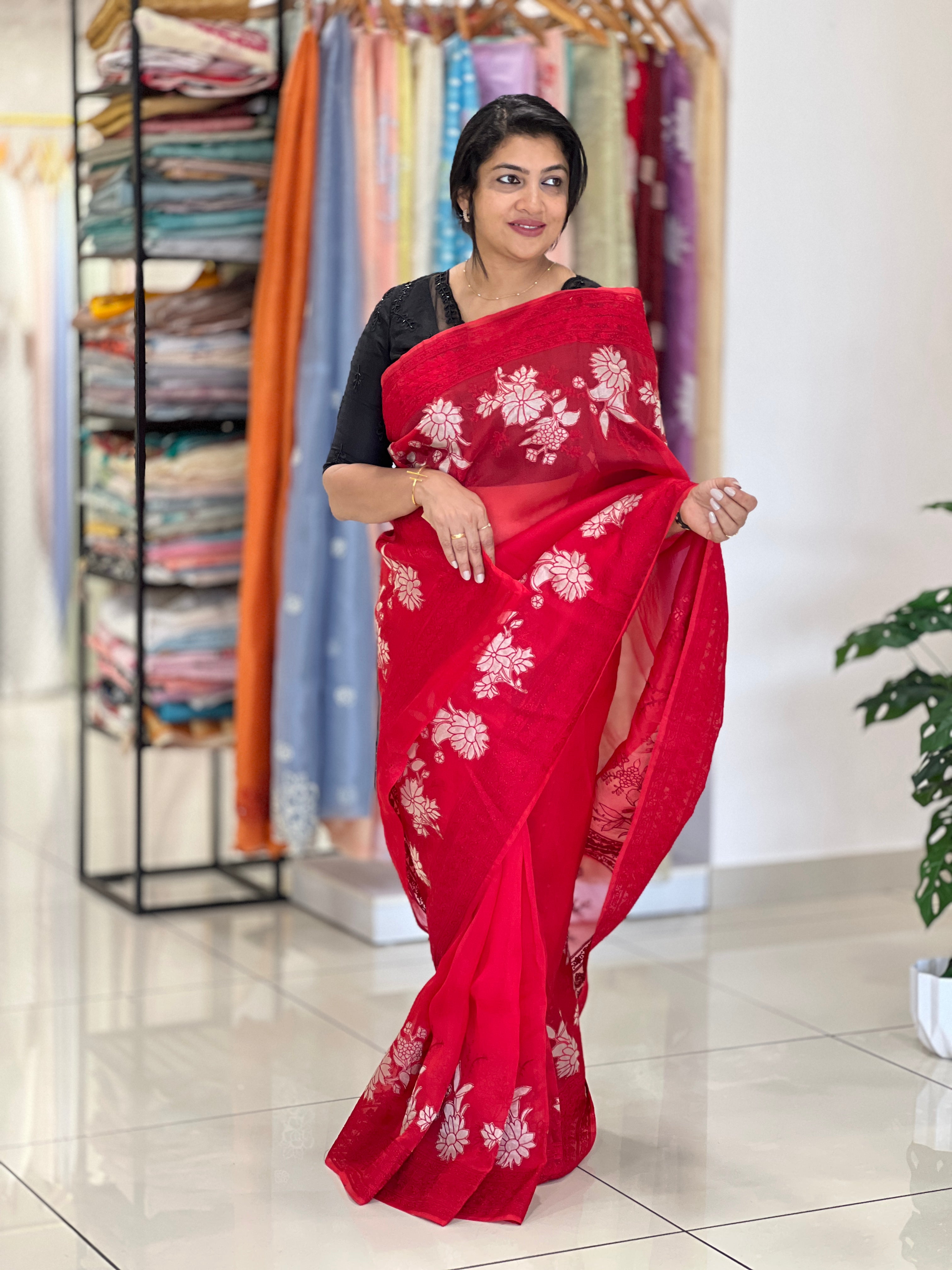 Floral Applique Work Detailed Organza Saree | MM446