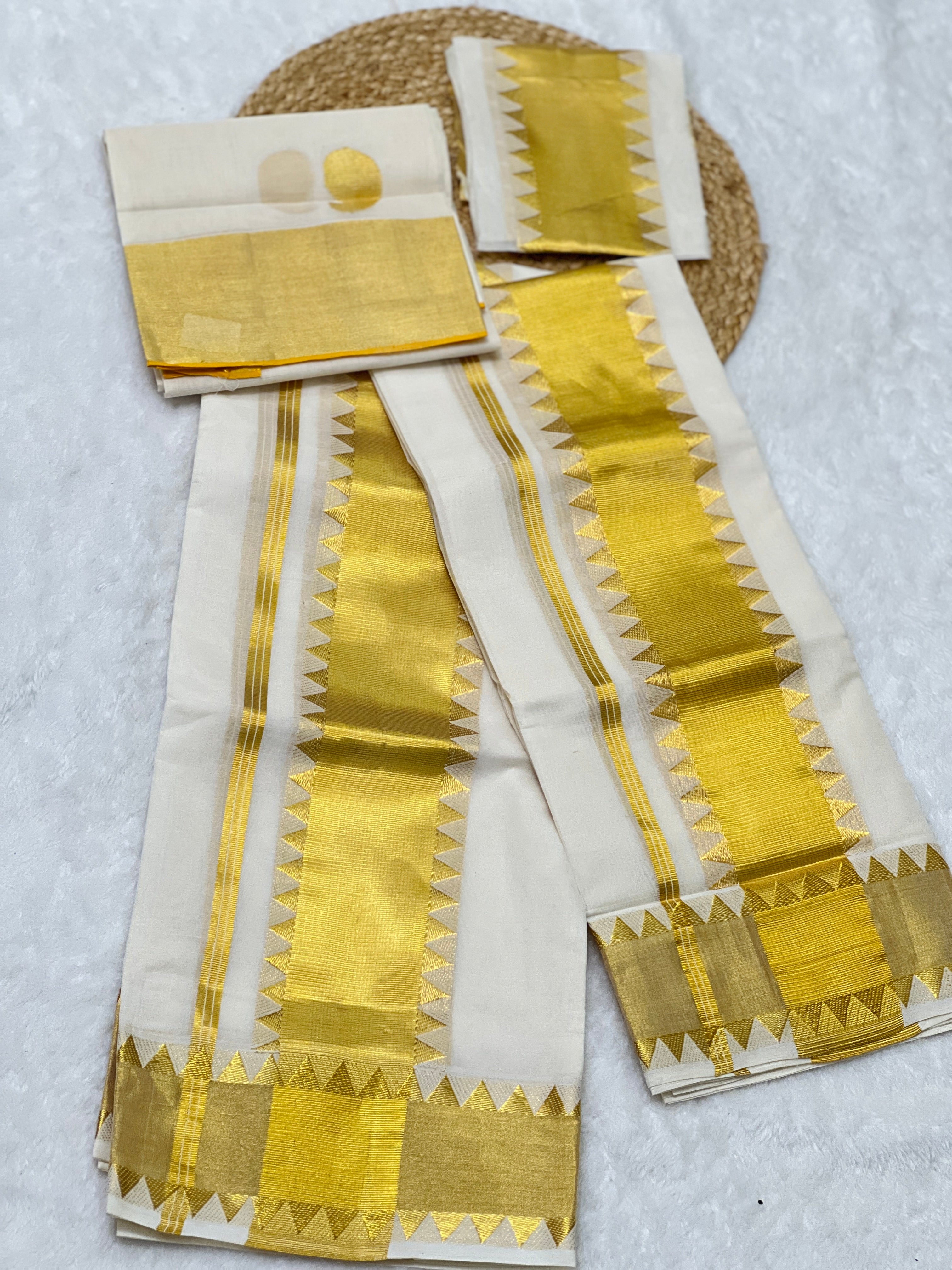 Golden Kasavu With Temple Detailed Handloom Kerala Cotton Set Mundu | KL350