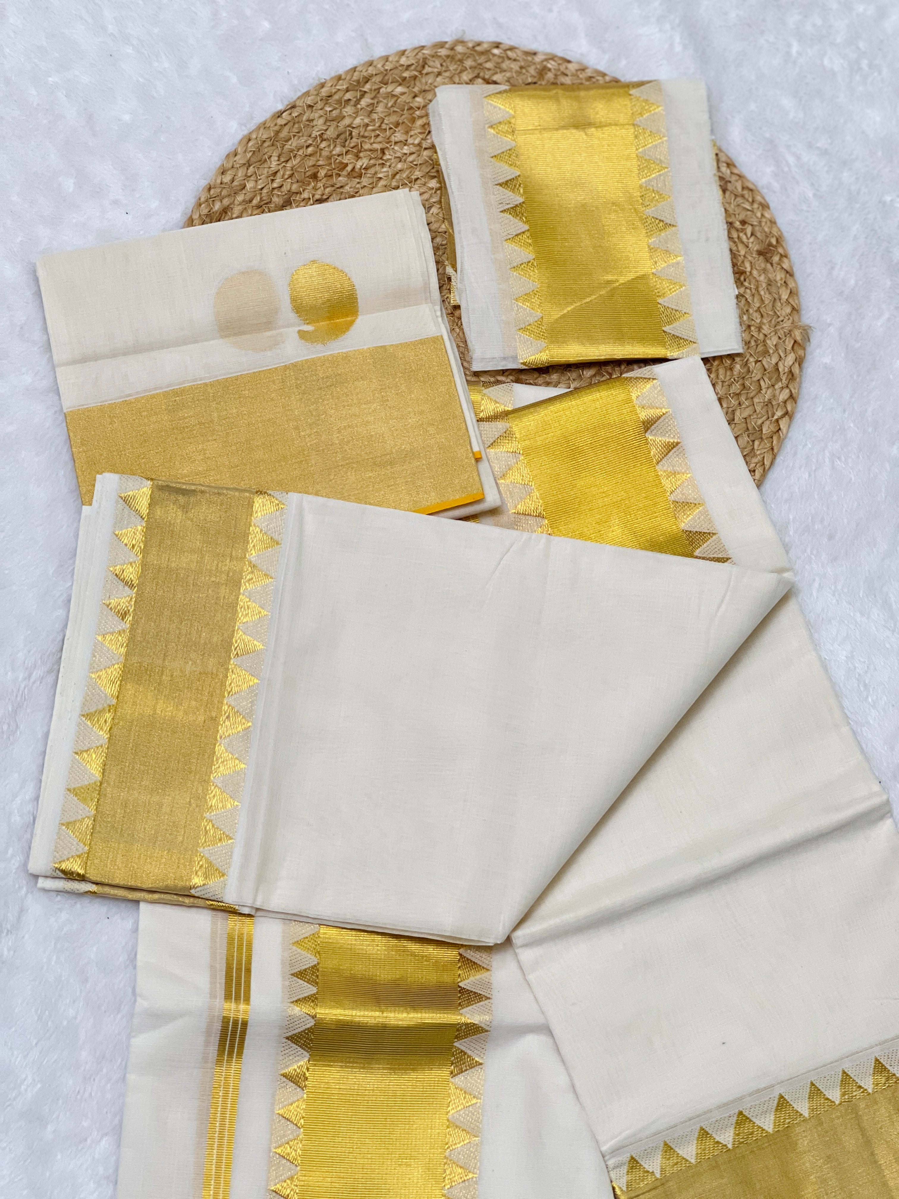 Golden Kasavu With Temple Detailed Handloom Kerala Cotton Set Mundu | KL350