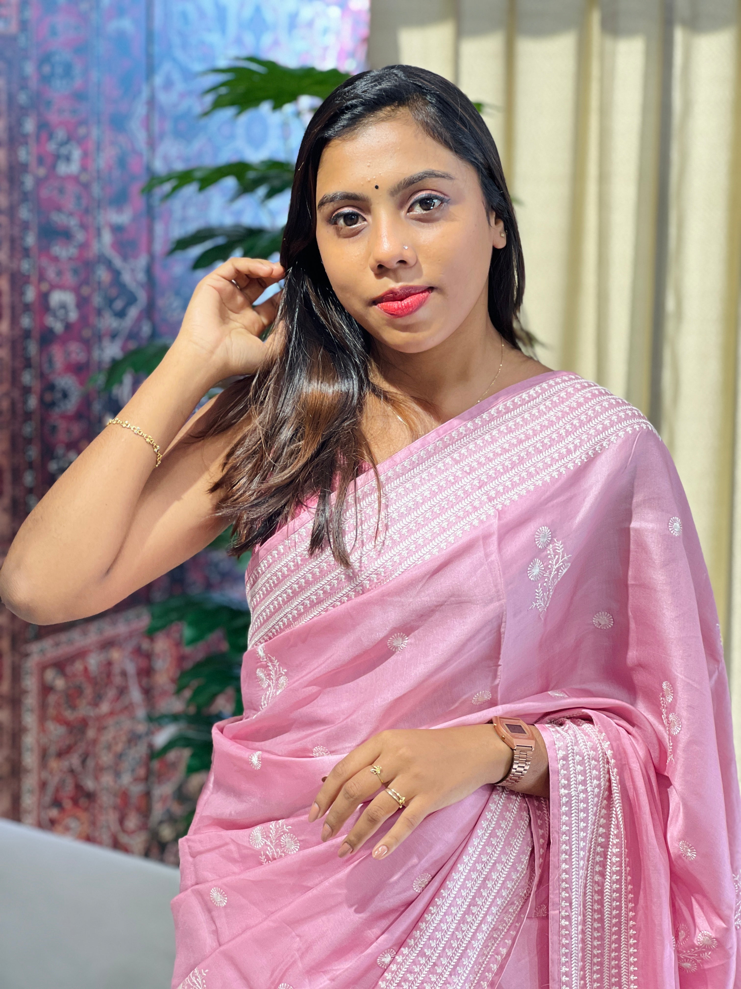 Machine Embroidery Detailed Semi Tussar Saree | SUN549
