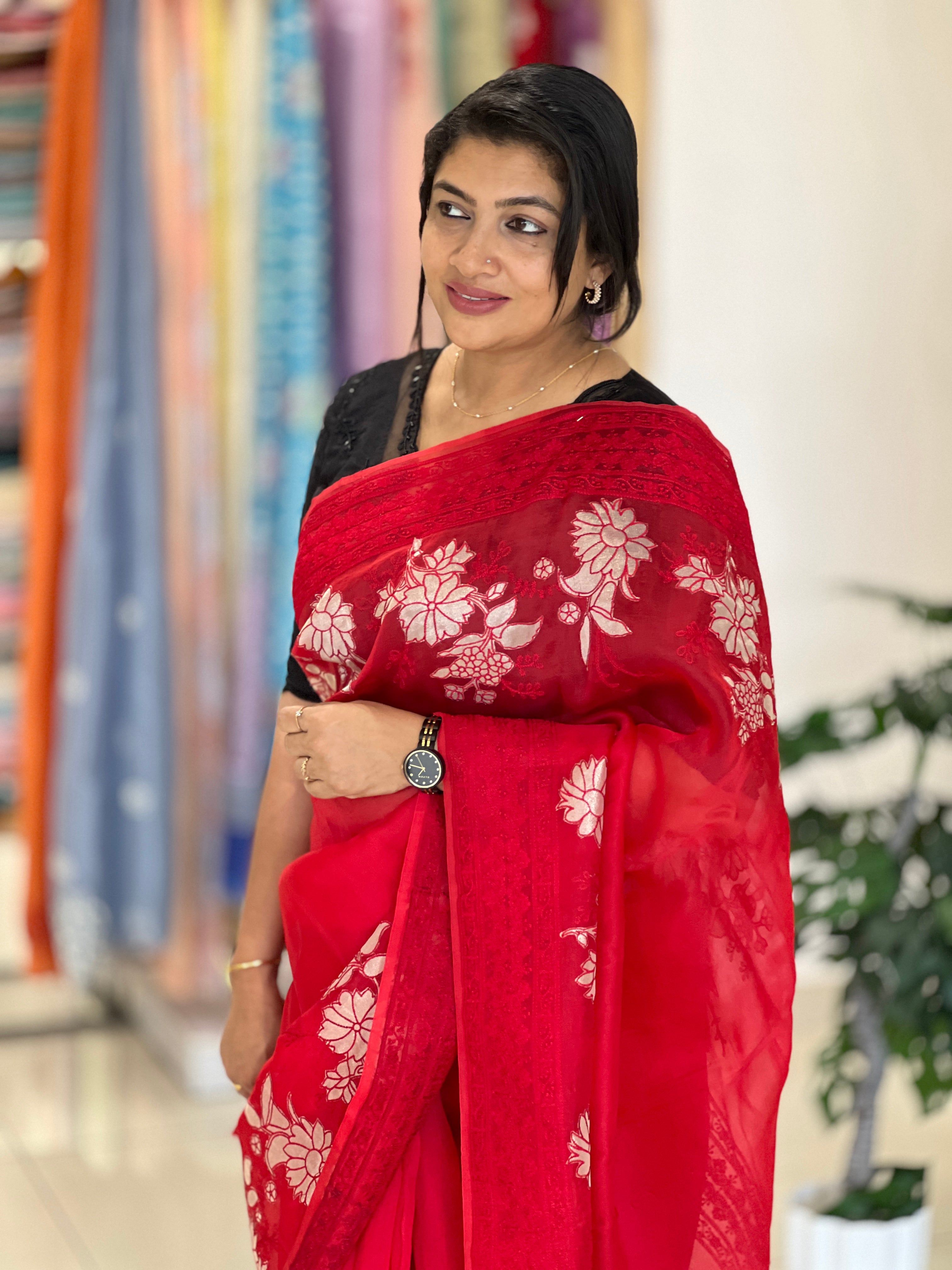 Floral Applique Work Detailed Organza Saree | MM446