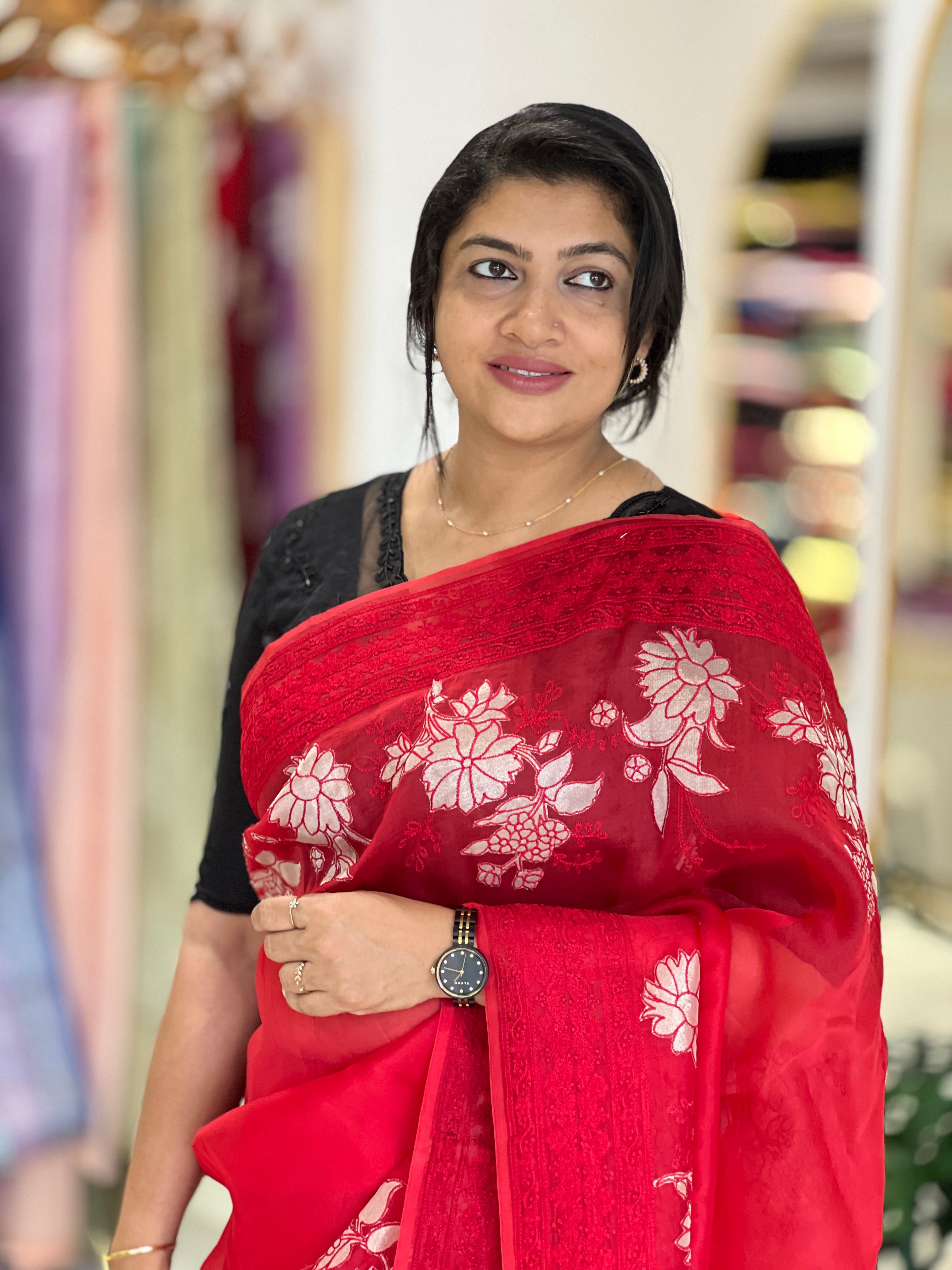 Floral Applique Work Detailed Organza Saree | MM446