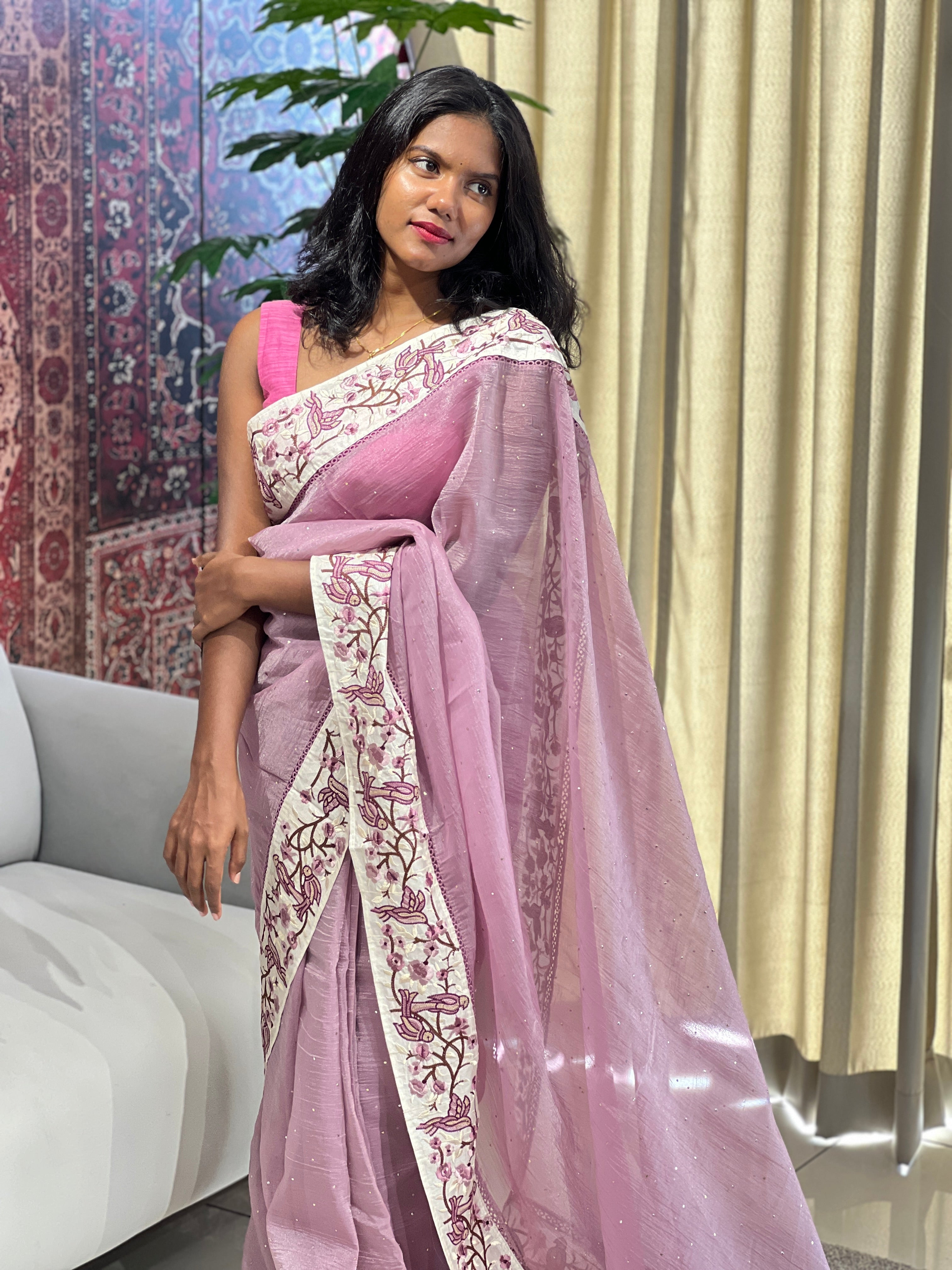 Mukaish Work Detailed Crushed Organza Saree | SUN571