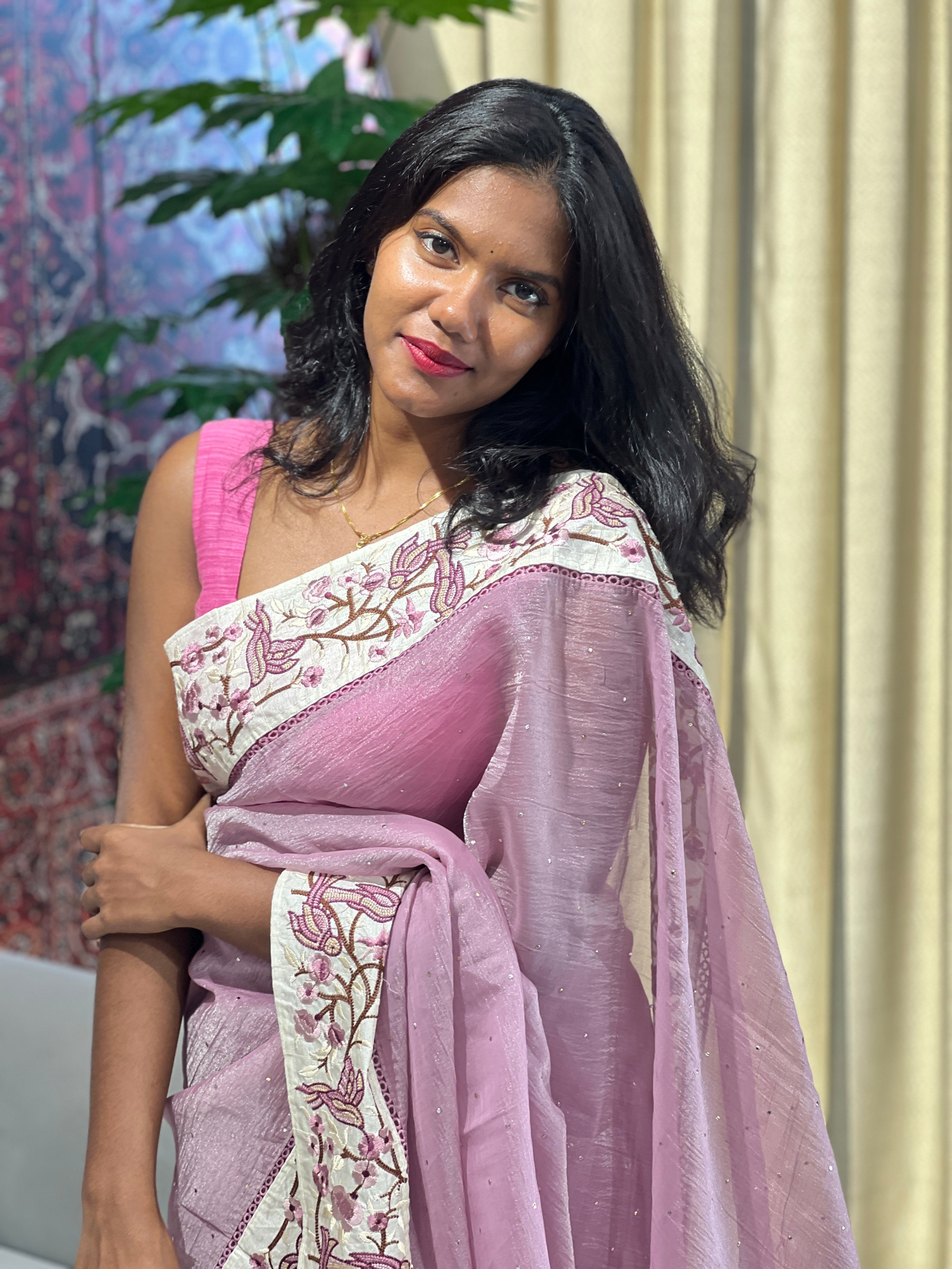 Mukaish Work Detailed Crushed Organza Saree | SUN571