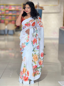 Floral Printed Pattern Linen Finish Saree | RP684