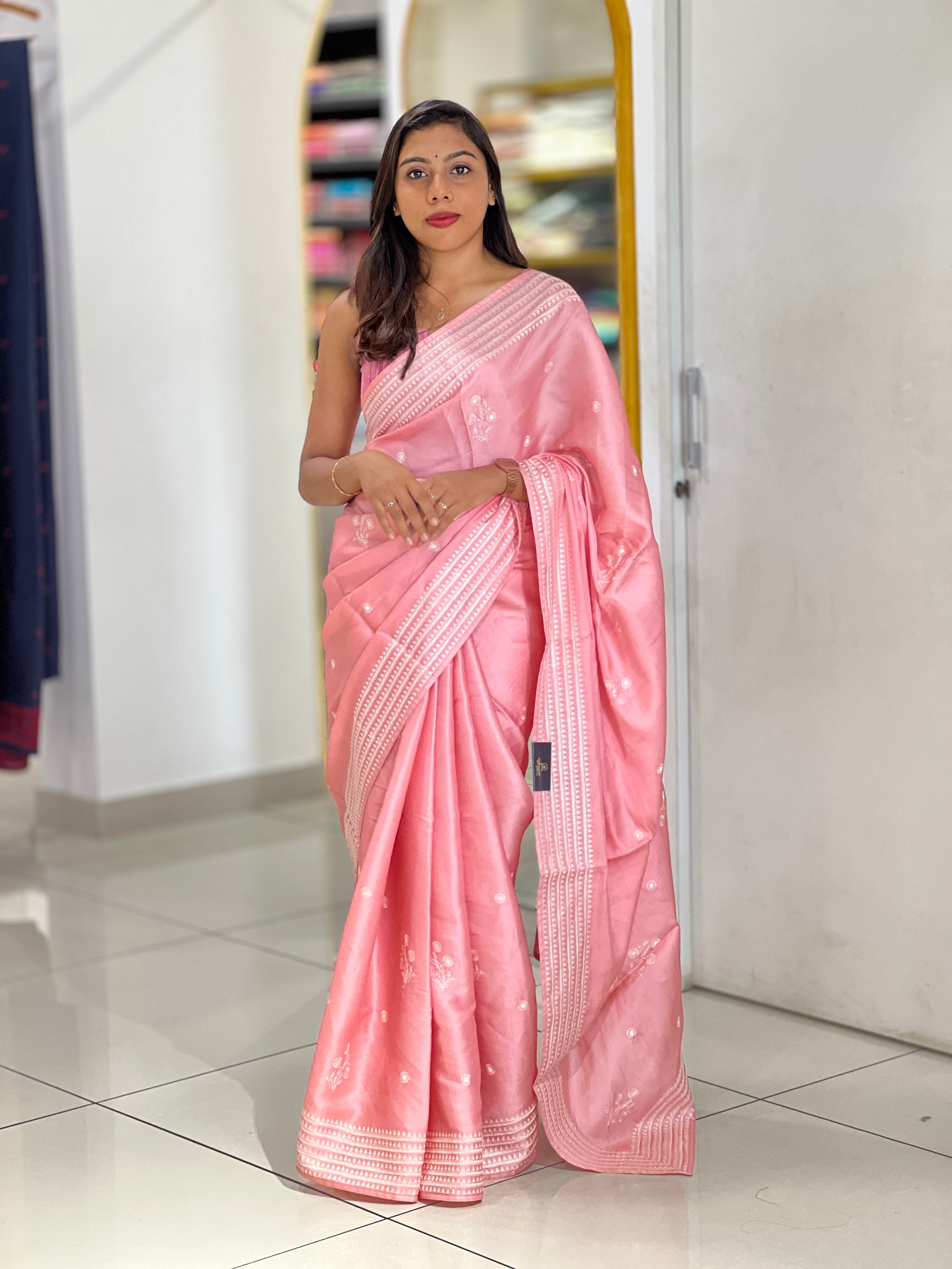 Machine Embroidery Detailed Semi Tussar Saree | SUN547