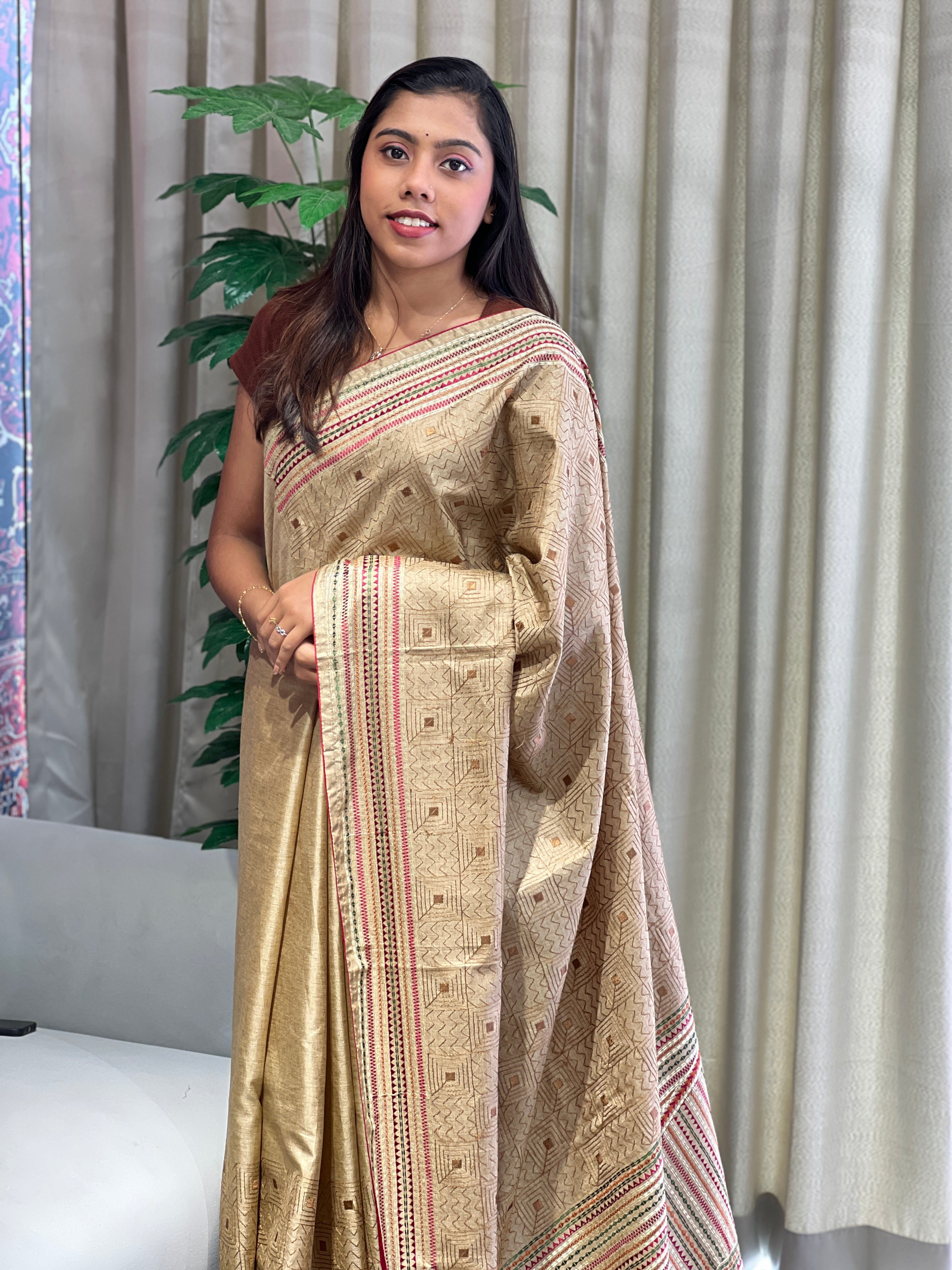 Multi-Color Thread Embroidery Detailed Semi Tussar Saree | SUN504