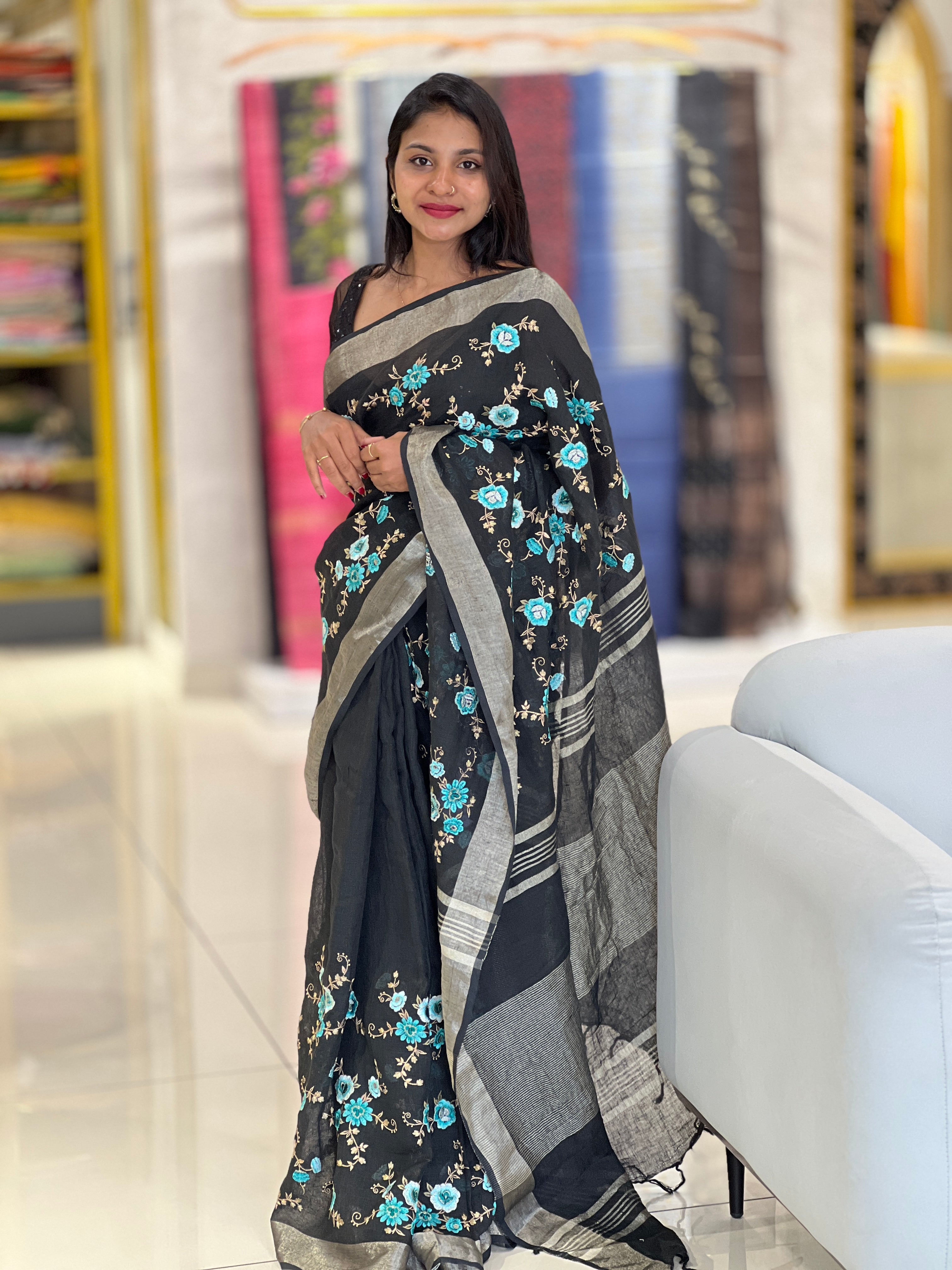 Computerized Floral Embroidery Linen Saree | JCL825