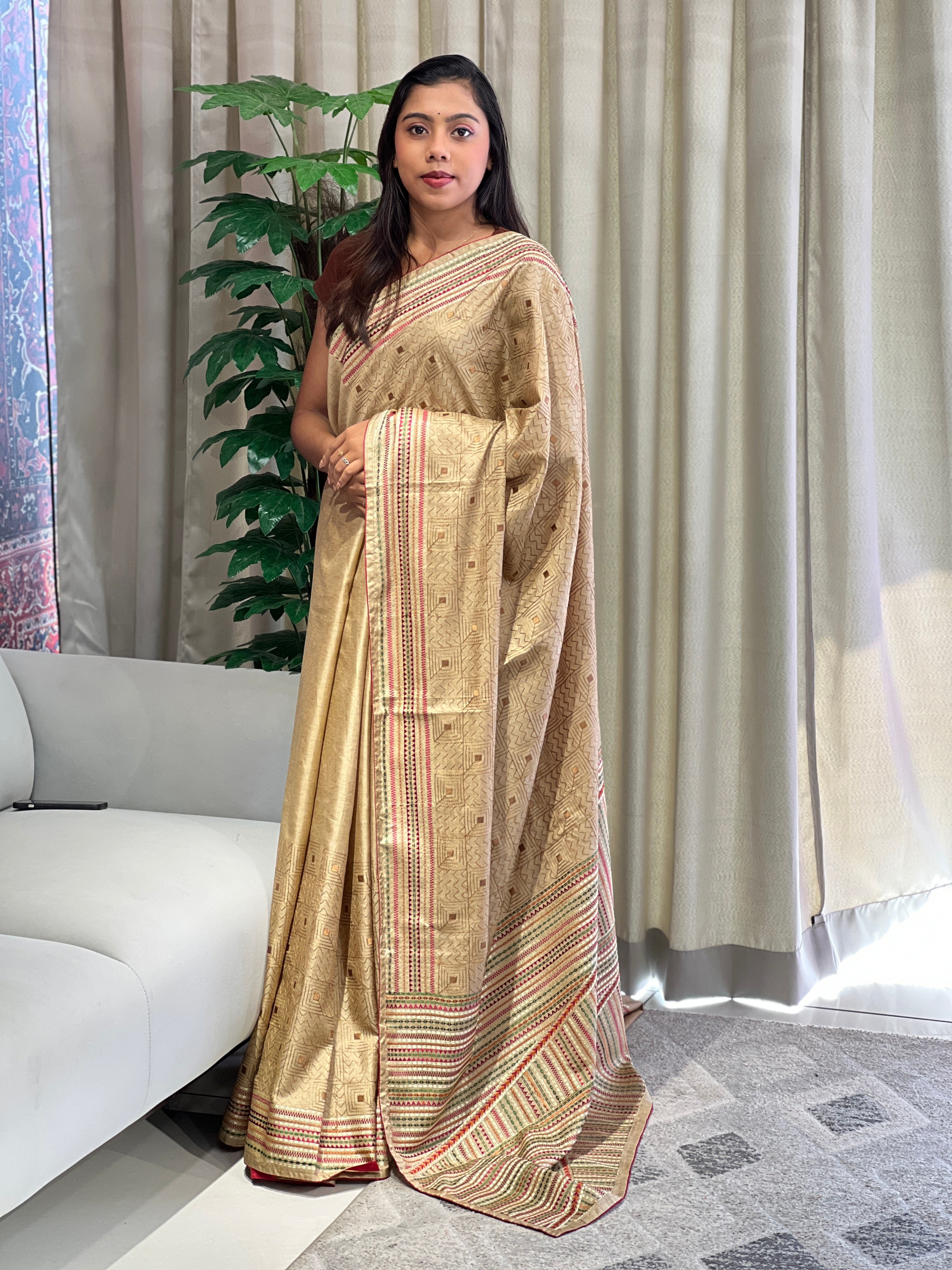 Multi-Color Thread Embroidery Detailed Semi Tussar Saree | SUN504