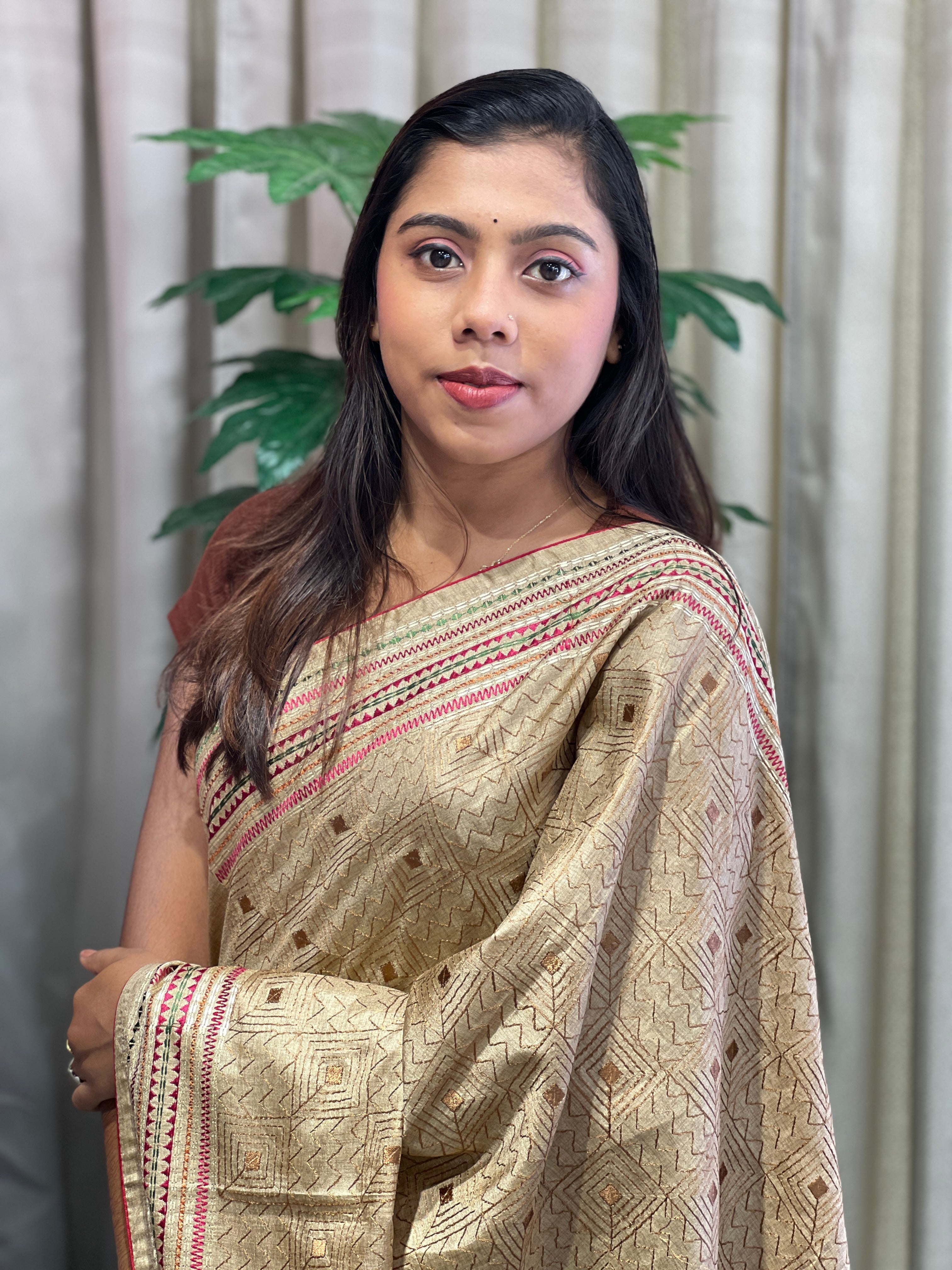 Multi-Color Thread Embroidery Detailed Semi Tussar Saree | SUN504