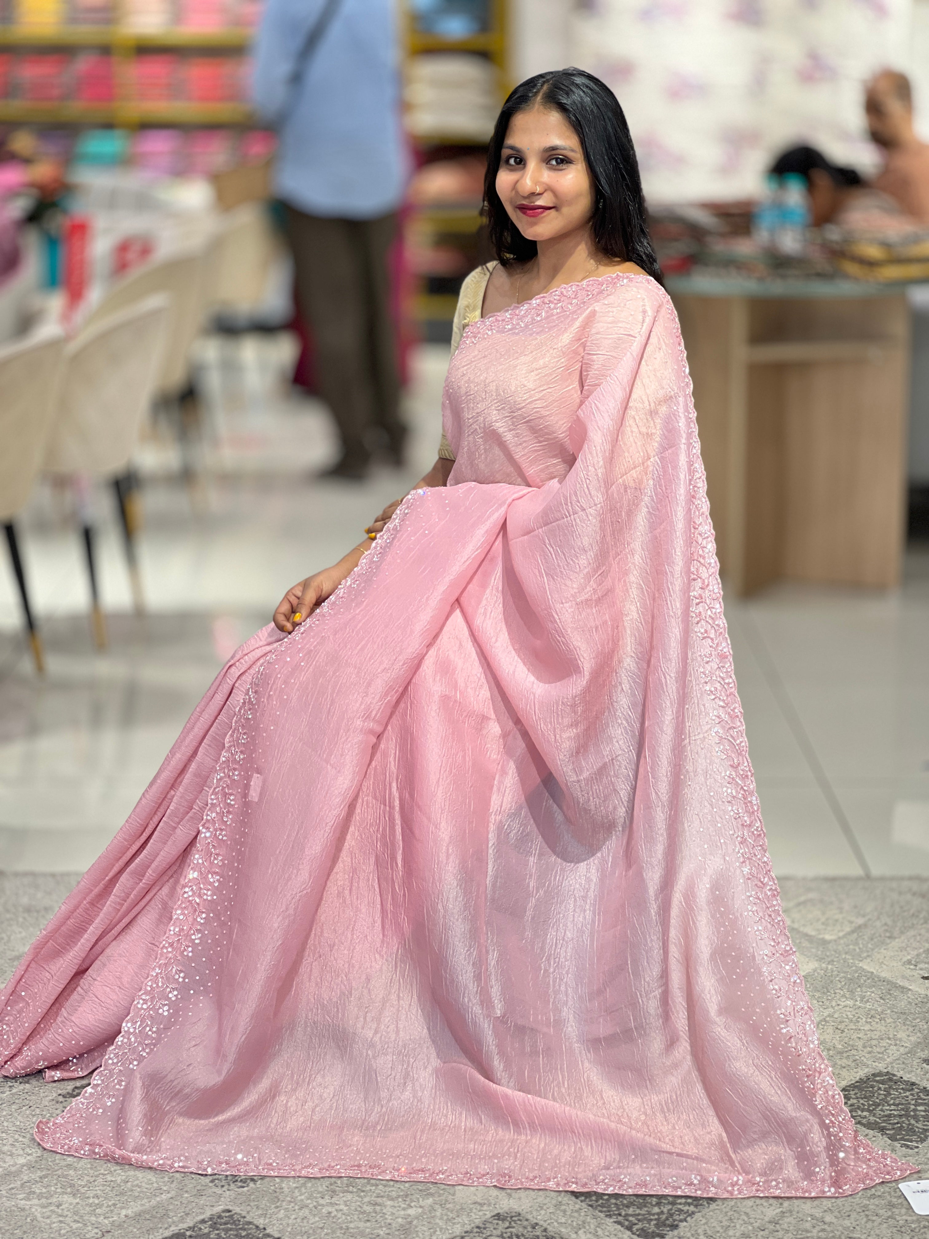 Embroidered Detailed Crushed Organza Saree | SBP696