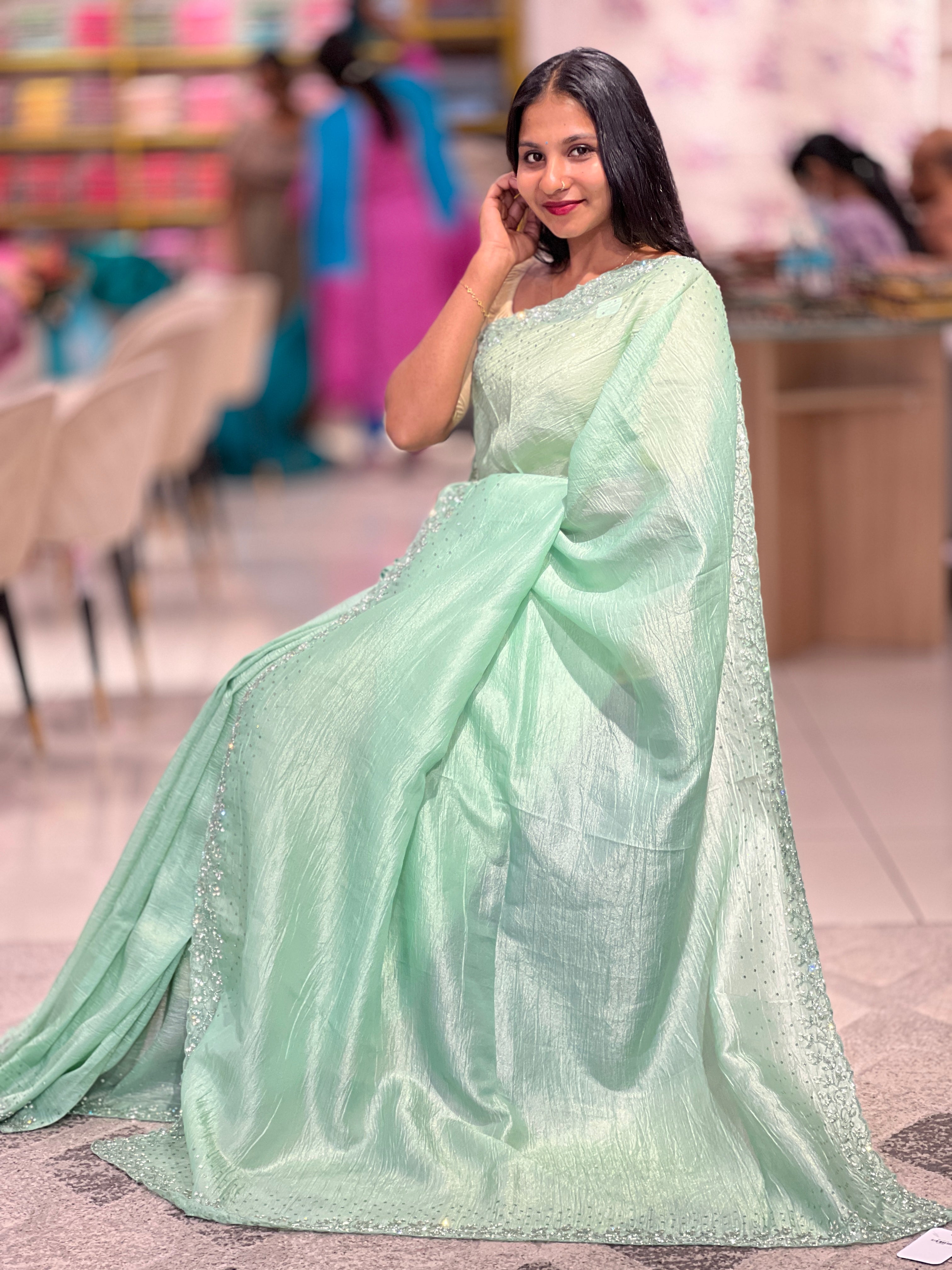 Embroidered Detailed Crushed Organza Saree  | SBP695