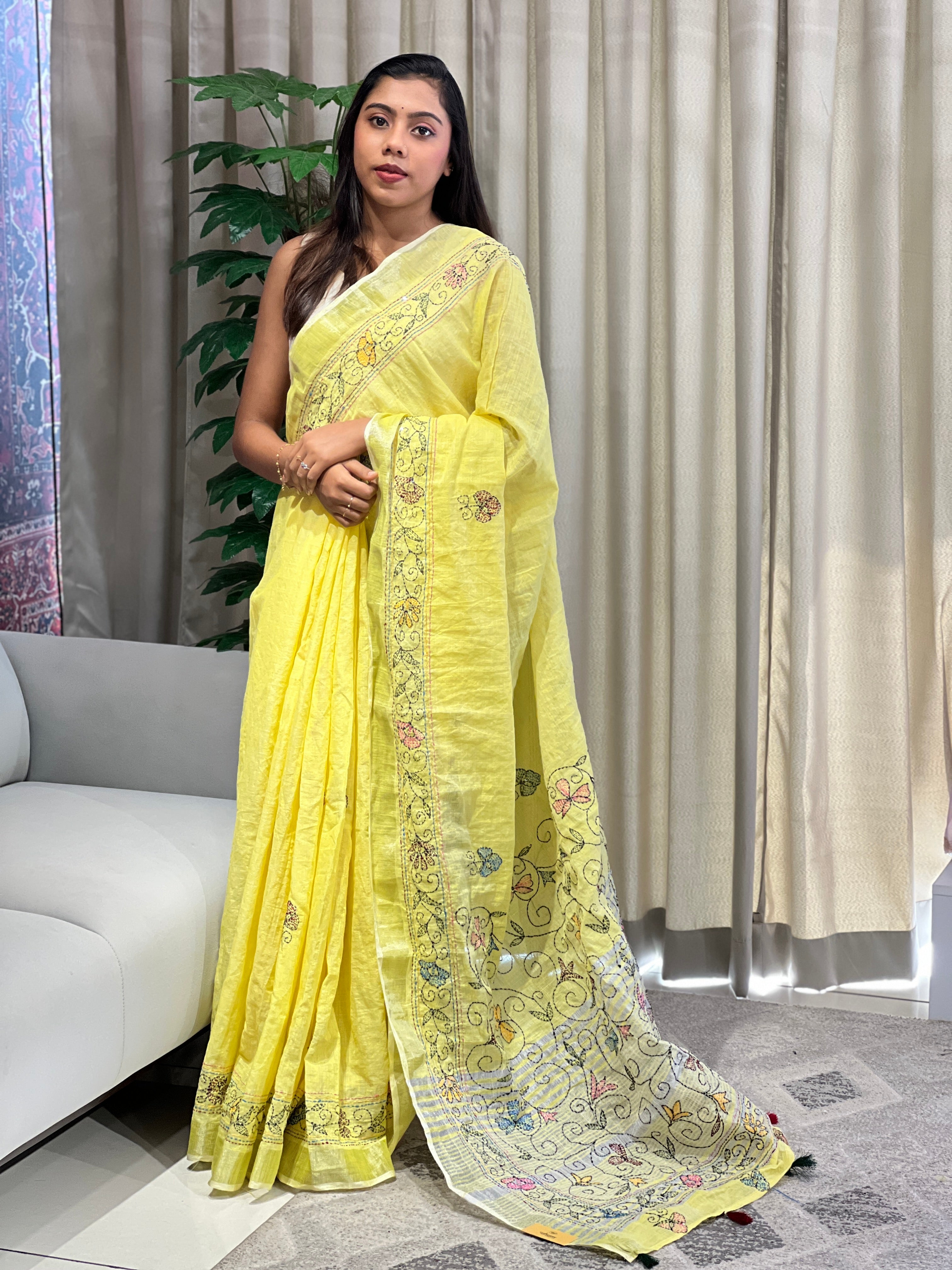 Kantha Embroidery Detailed Semi Linen Saree | RP788