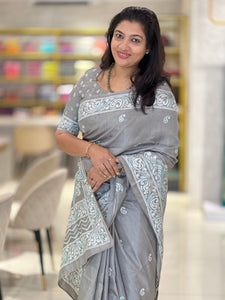 Batik Print With Hand Kantha Embroidery Detailed Semi Tussar Saree | GAR135