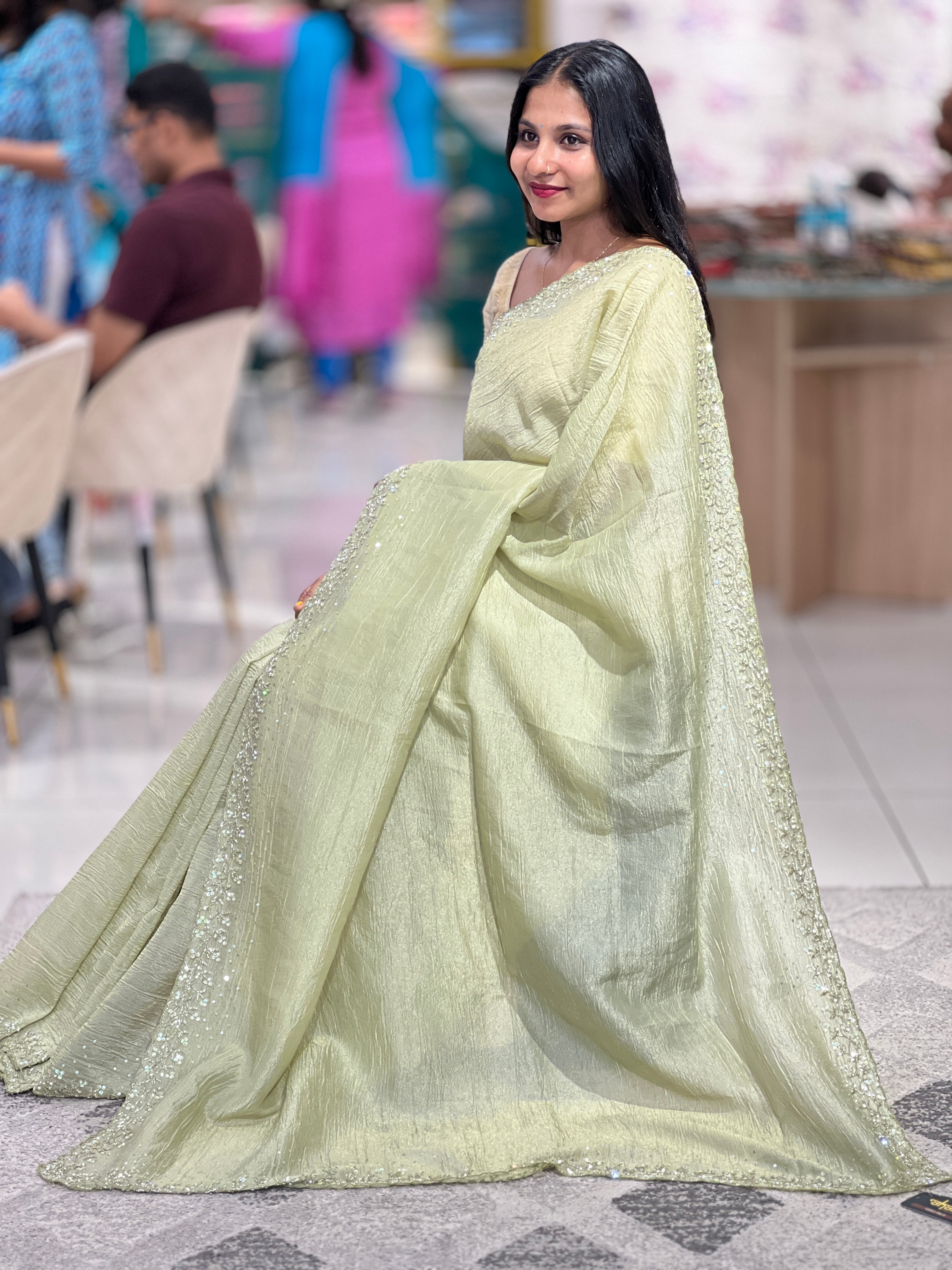 Embroidered Detailed  Crushed  Organza Saree| SBP693