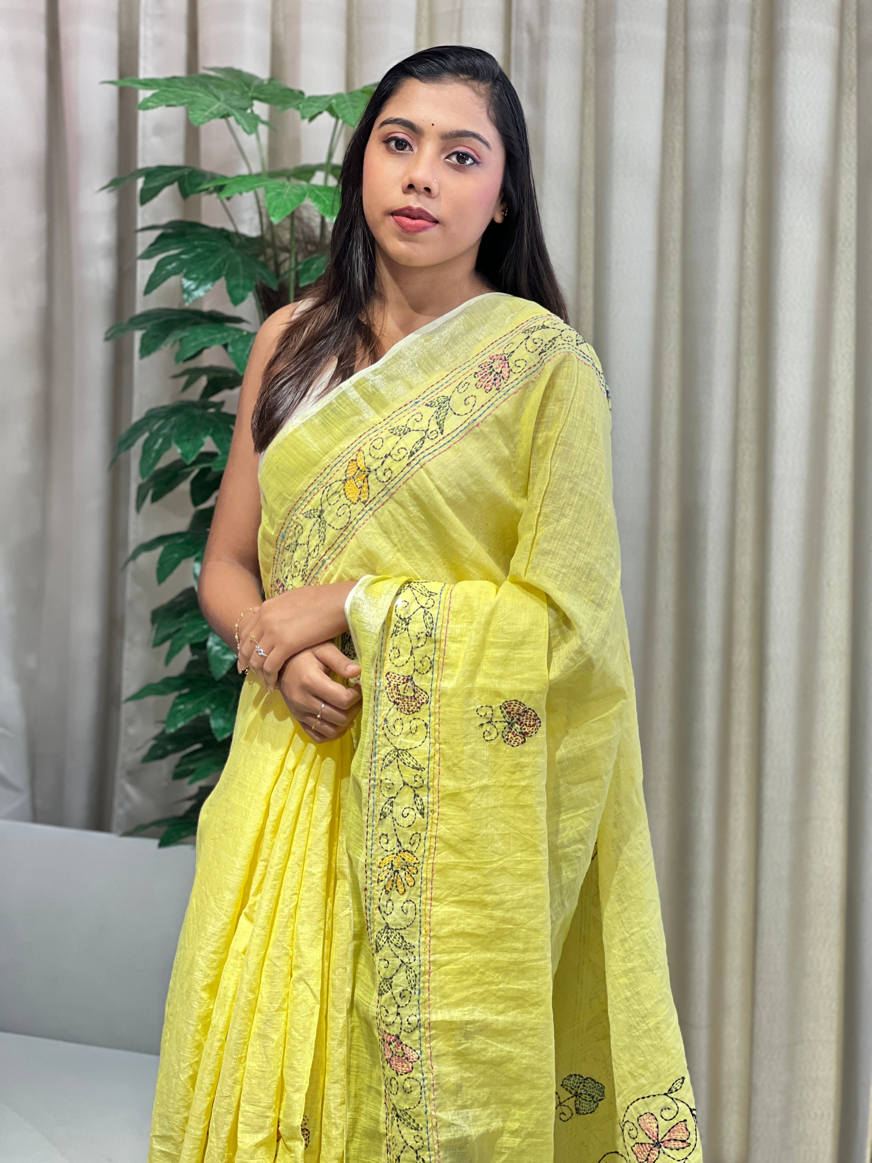 Kantha Embroidery Detailed Semi Linen Saree | RP788