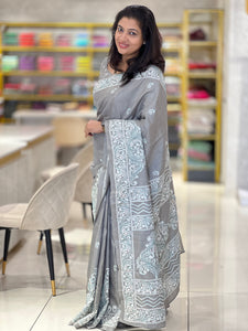 Batik Print With Hand Kantha Embroidery Detailed Semi Tussar Saree | GAR135