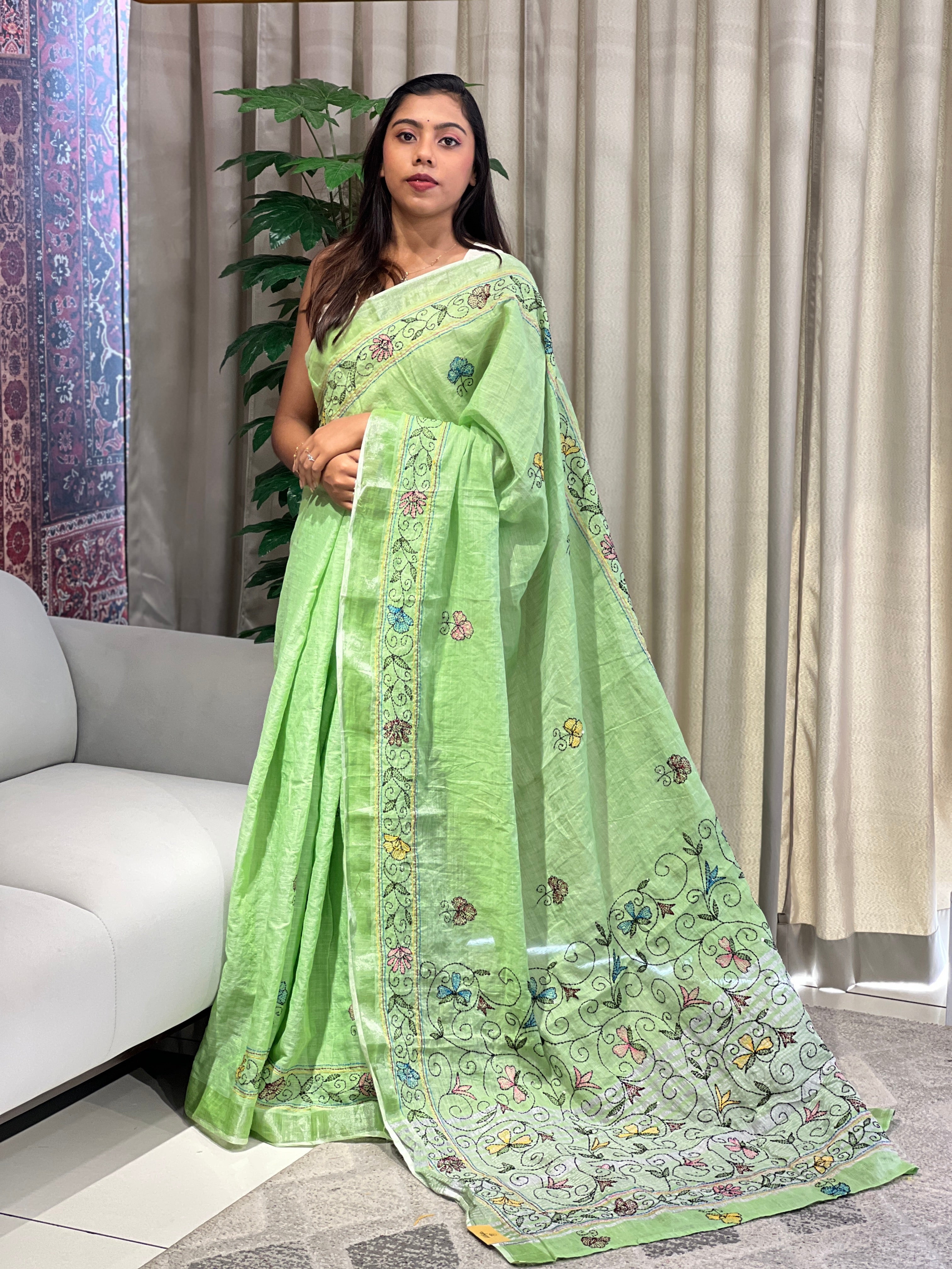 Kantha Embroidery Detailed Semi Linen Saree | RP791