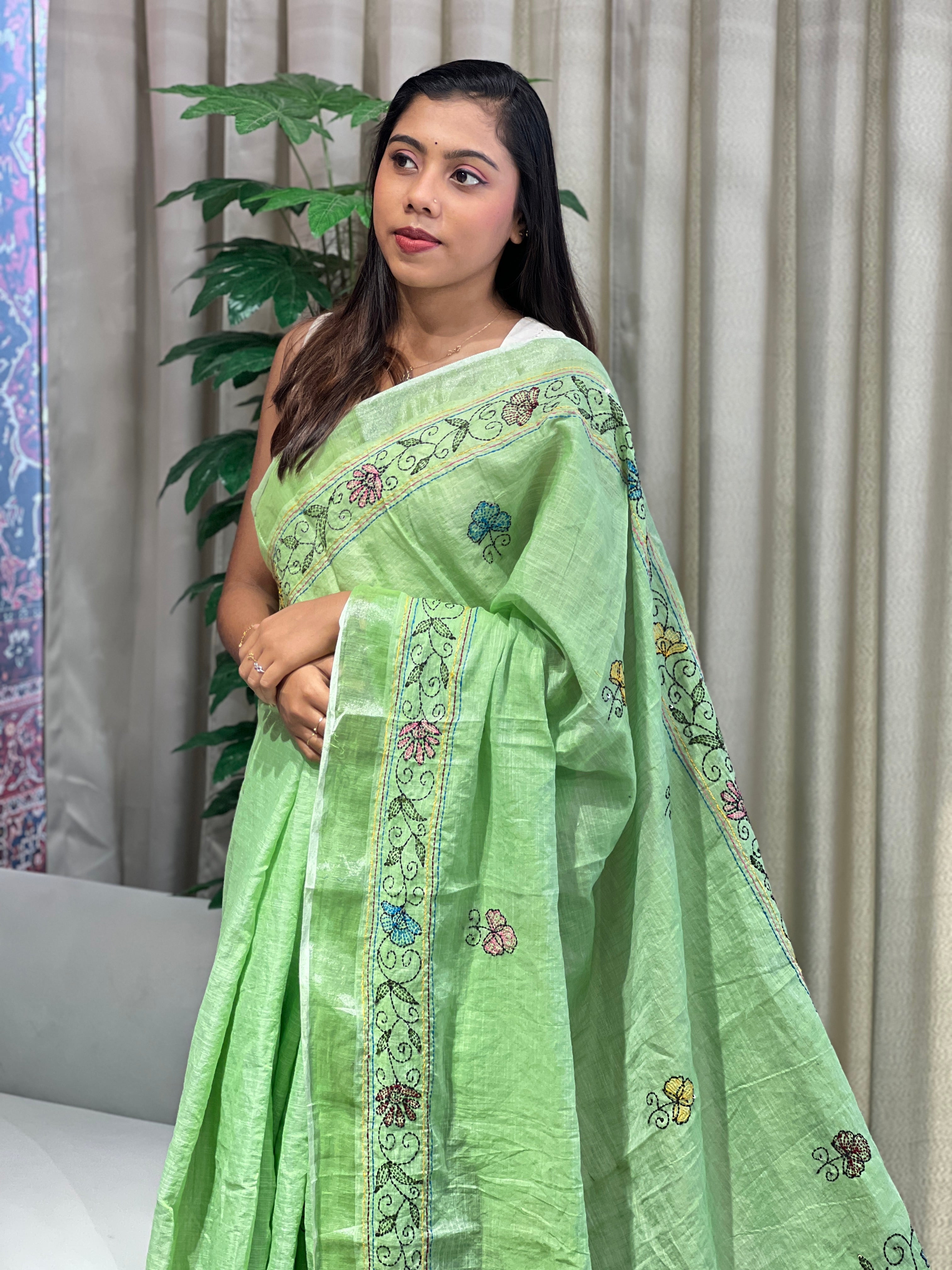 Kantha Embroidery Detailed Semi Linen Saree | RP791