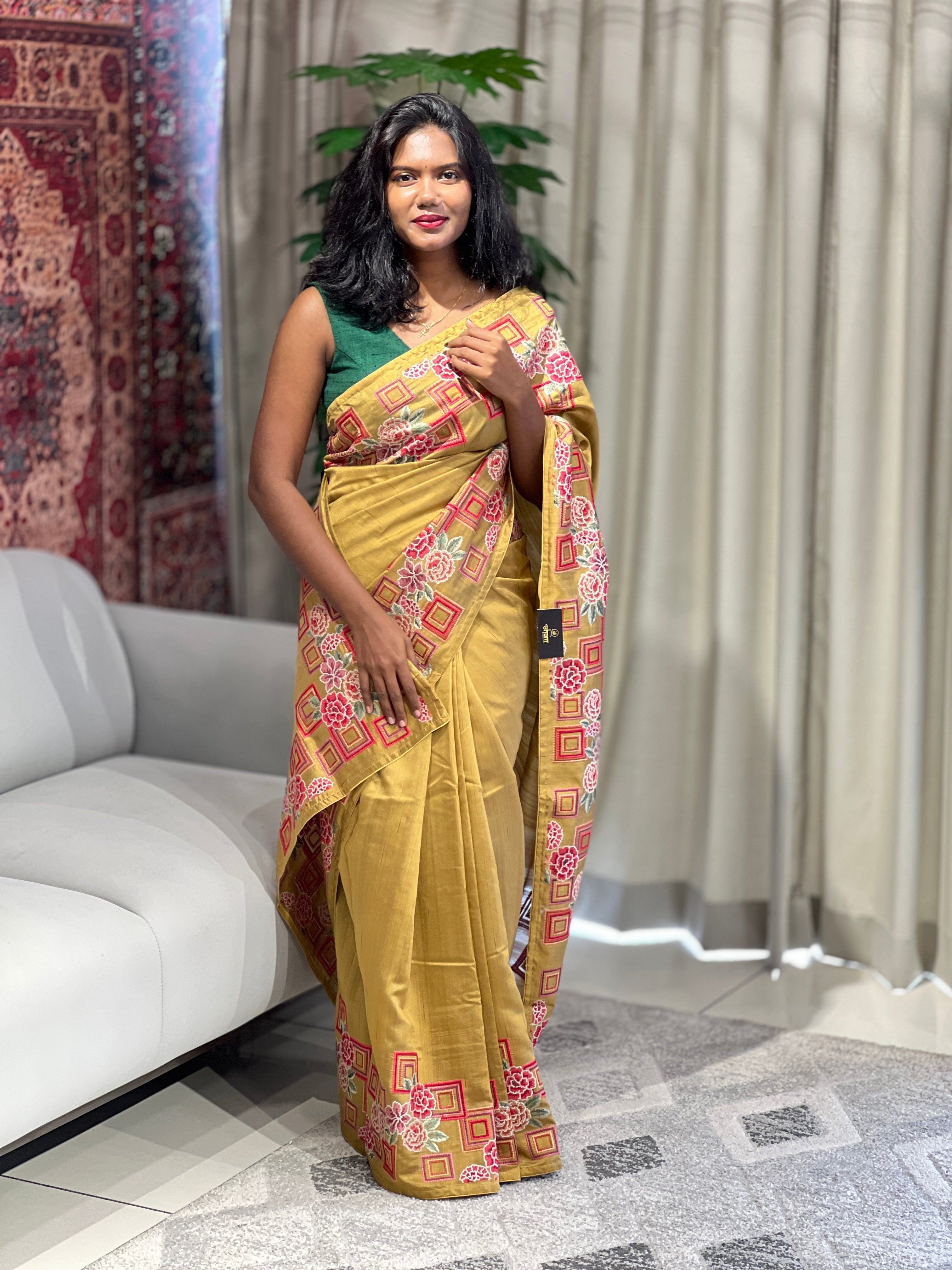 Multicolour Thread Embroidery Detailed Semi Tussar Saree | SUN537