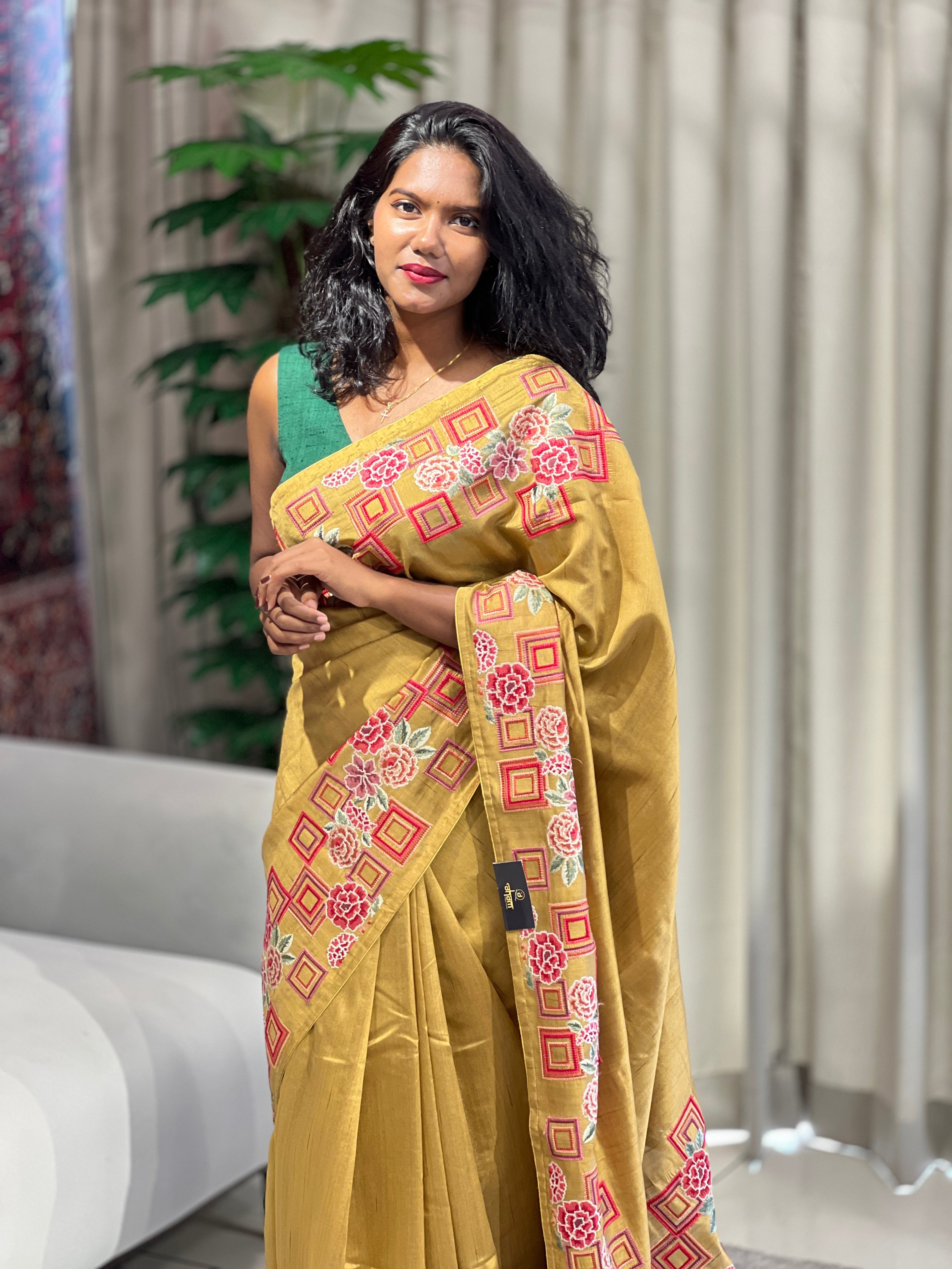 Multicolour Thread Embroidery Detailed Semi Tussar Saree | SUN537